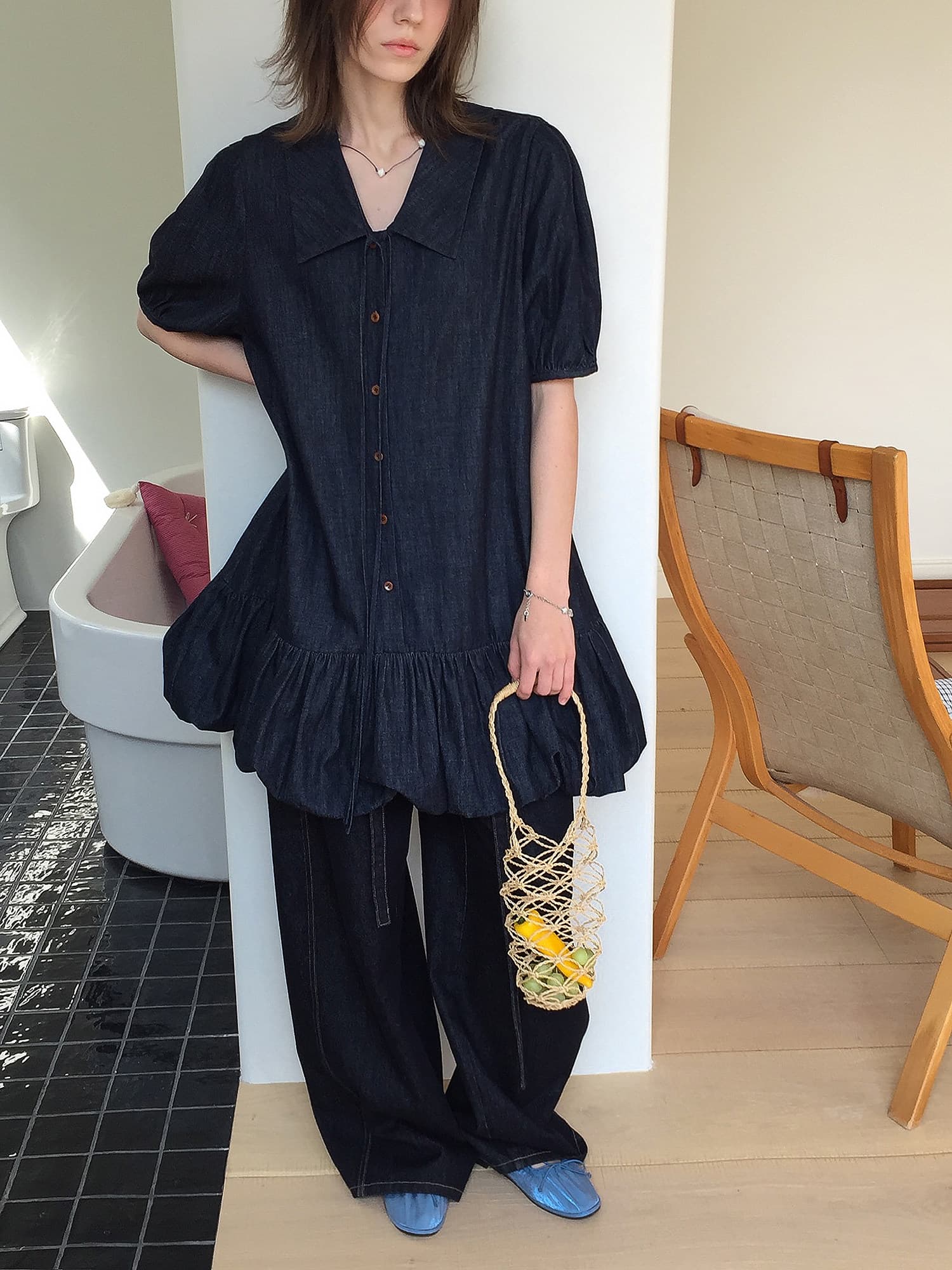 letm denim 데님 워싱 빅 칼라 낭만주의 질감 센스 레이스업 레트로 꽃밭 반팔 여성 드레스 상세 이미지 18