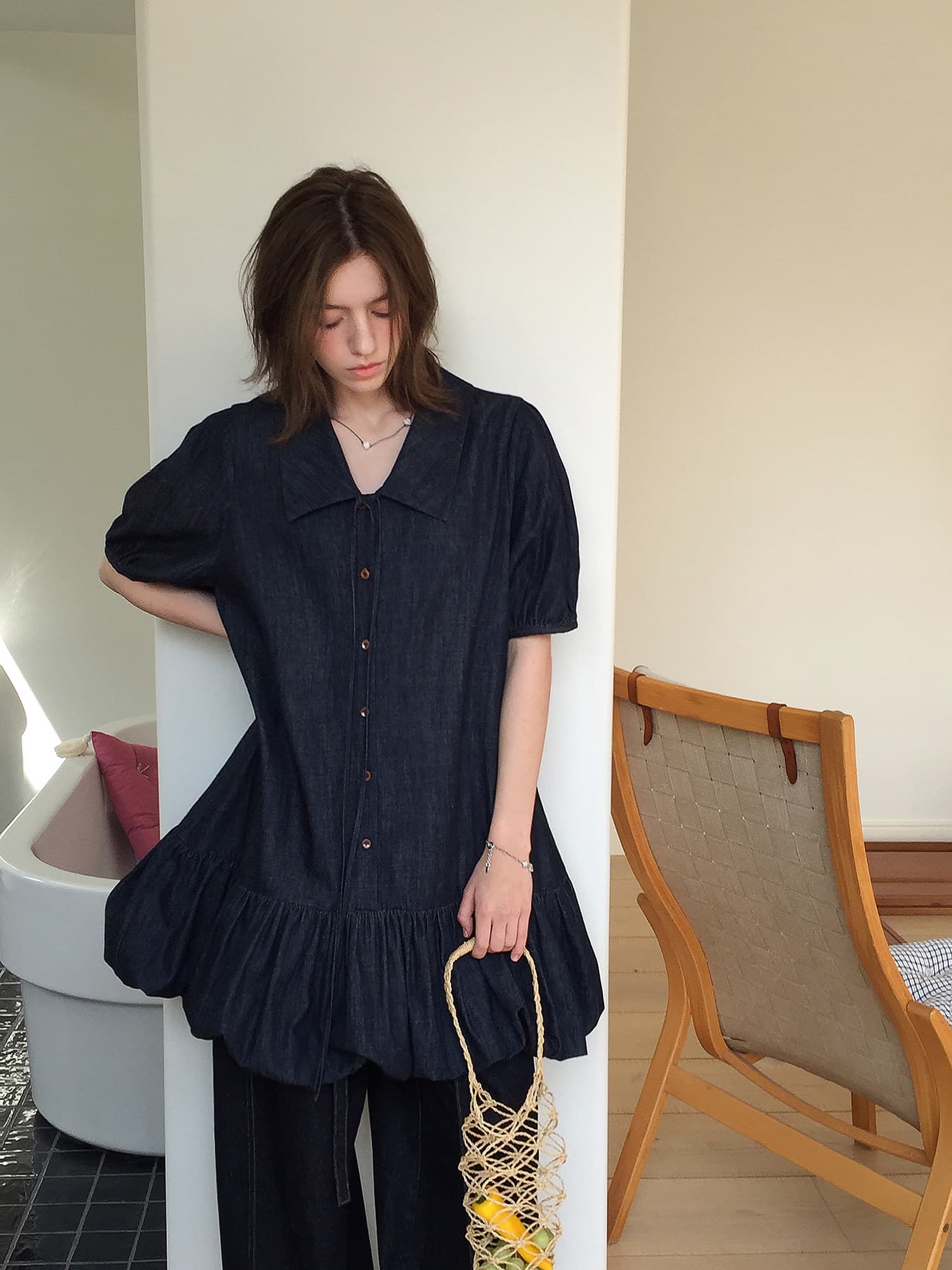 letm denim 데님 워싱 빅 칼라 낭만주의 질감 센스 레이스업 레트로 꽃밭 반팔 여성 드레스 상세 이미지 19