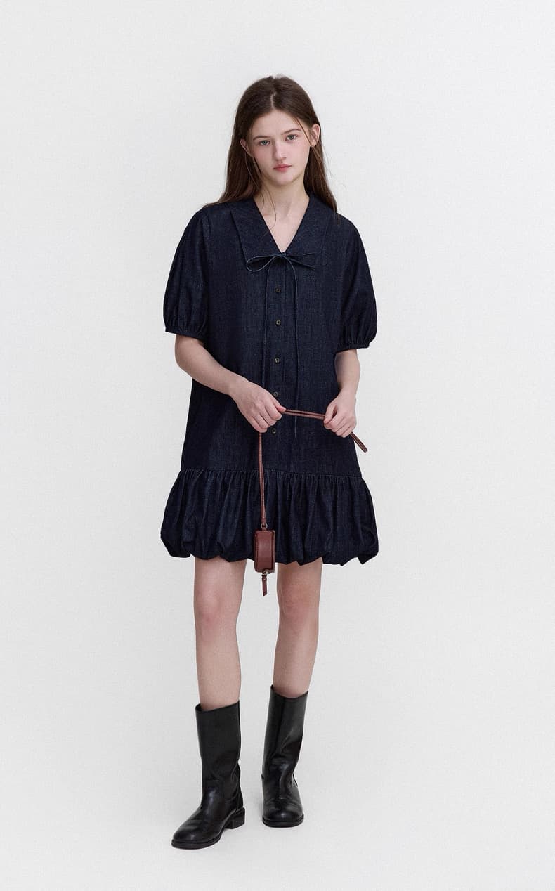 letm denim 데님 워싱 빅 칼라 낭만주의 질감 센스 레이스업 레트로 꽃밭 반팔 여성 드레스