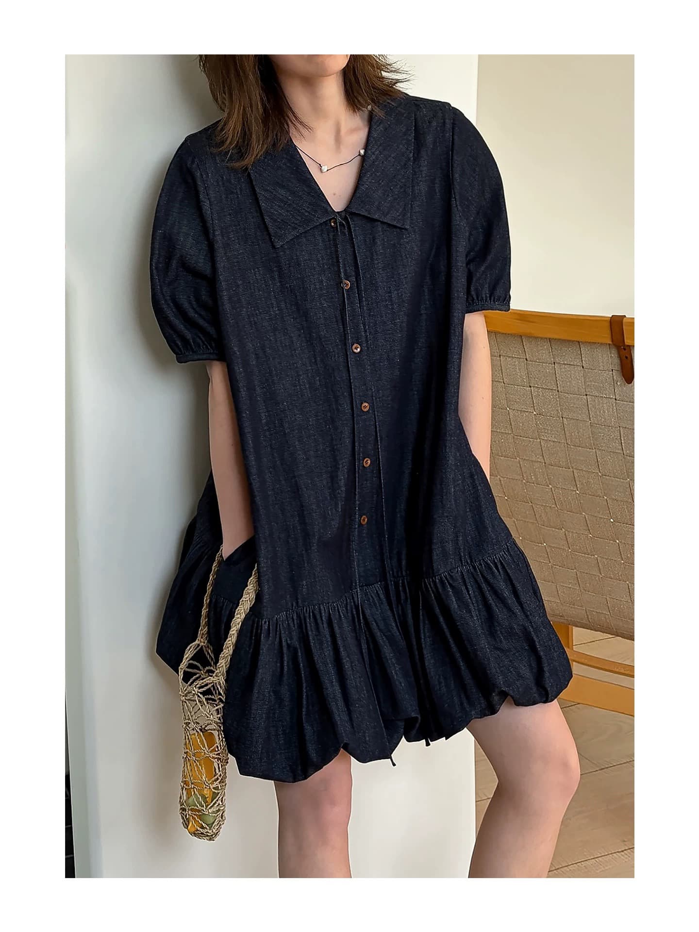 letm denim 데님 워싱 빅 칼라 낭만주의 질감 센스 레이스업 레트로 꽃밭 반팔 여성 드레스 이미지 2