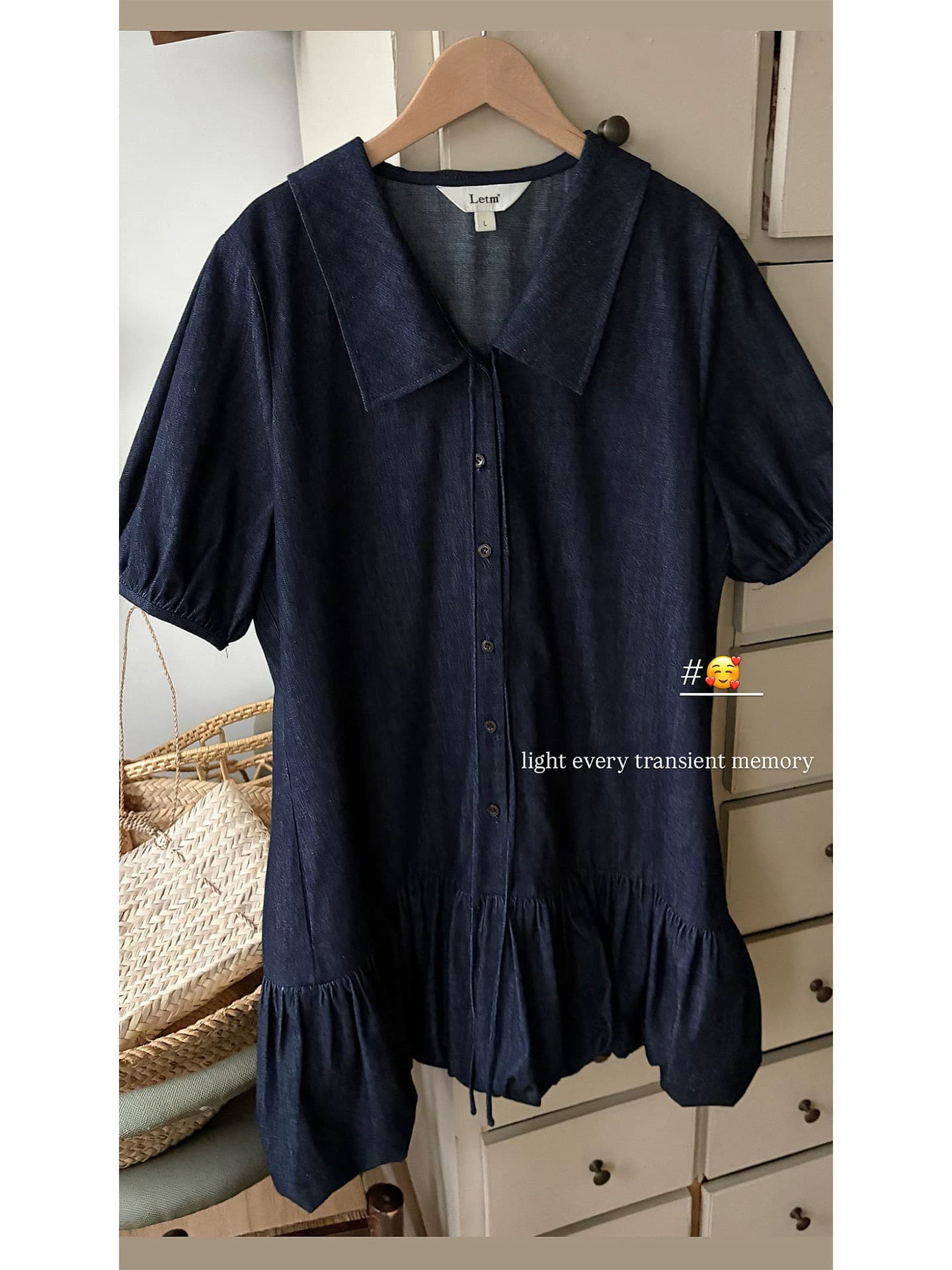 letm denim 데님 워싱 빅 칼라 낭만주의 질감 센스 레이스업 레트로 꽃밭 반팔 여성 드레스 이미지 3
