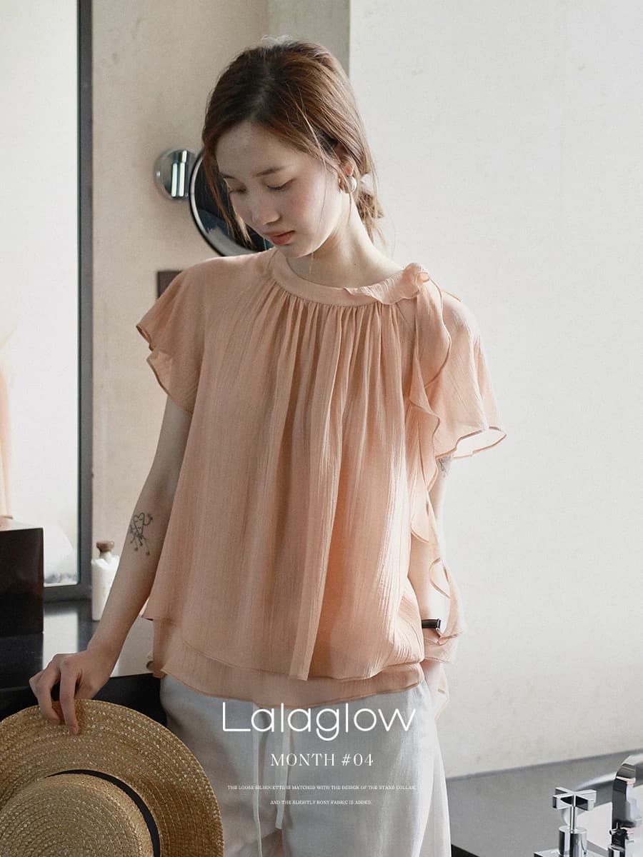 lalaglow Pinellia 달콤한 꿈 하루 종일 실크 프랑스식 프릴 이중층 리본 반팔 여성 셔츠 프로 피부 통기성 이미지 2