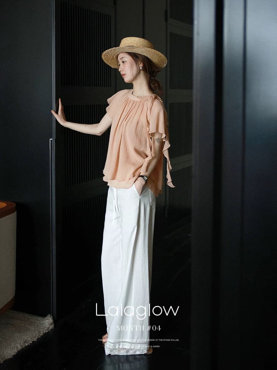 lalaglow Pinellia 달콤한 꿈 하루 종일 실크 프랑스식 프릴 이중층 리본 반팔 여성 셔츠 프로 피부 통기성 이미지 3