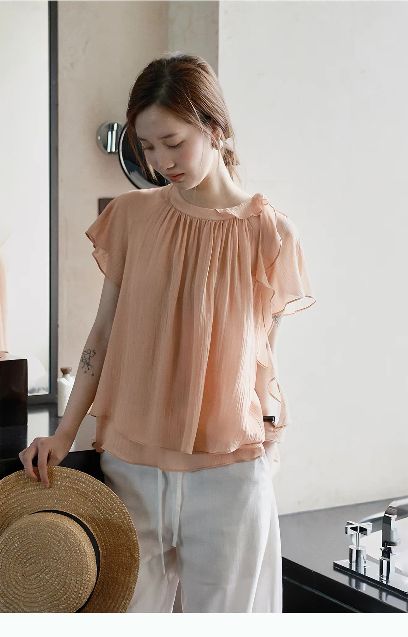 lalaglow Pinellia 달콤한 꿈 하루 종일 실크 프랑스식 프릴 이중층 리본 반팔 여성 셔츠 프로 피부 통기성 상세 이미지 3