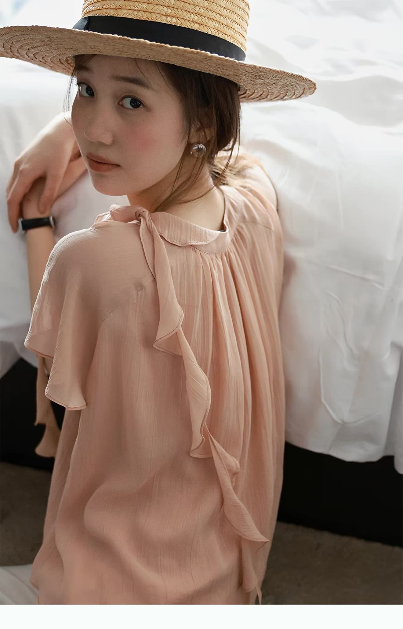 lalaglow Pinellia 달콤한 꿈 하루 종일 실크 프랑스식 프릴 이중층 리본 반팔 여성 셔츠 프로 피부 통기성 상세 이미지 7