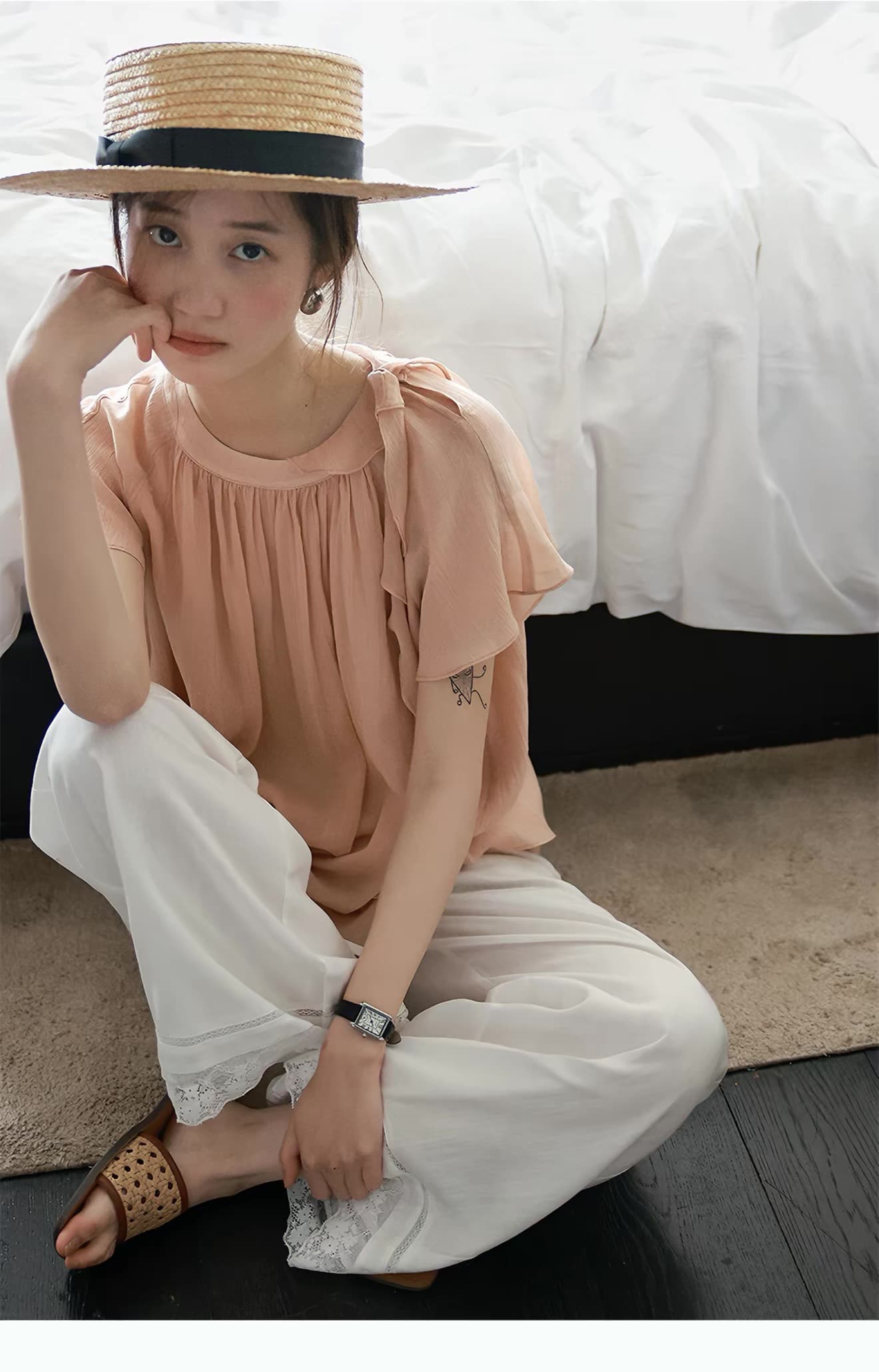 lalaglow Pinellia 달콤한 꿈 하루 종일 실크 프랑스식 프릴 이중층 리본 반팔 여성 셔츠 프로 피부 통기성 상세 이미지 8