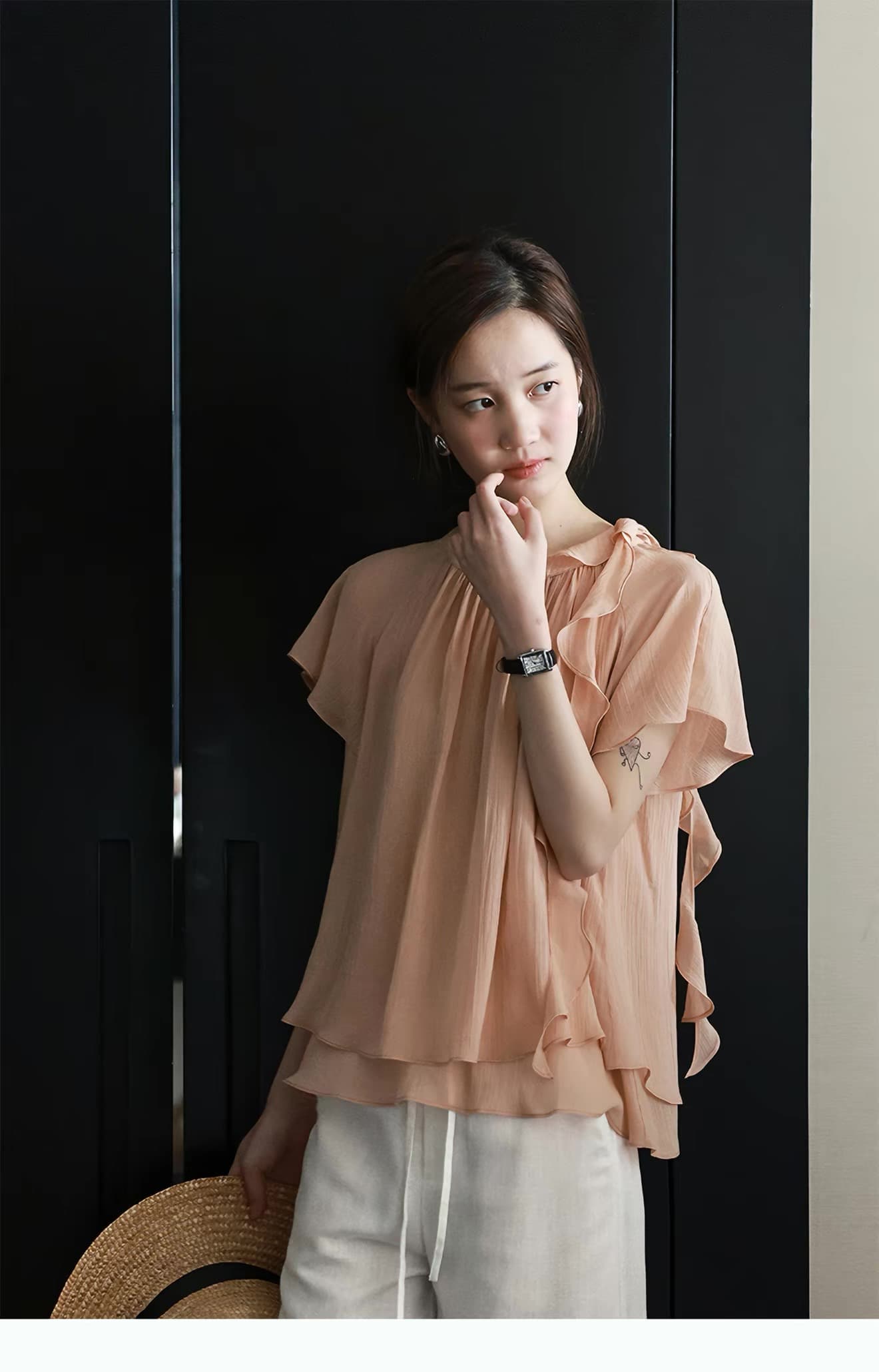 lalaglow Pinellia 달콤한 꿈 하루 종일 실크 프랑스식 프릴 이중층 리본 반팔 여성 셔츠 프로 피부 통기성 상세 이미지 9