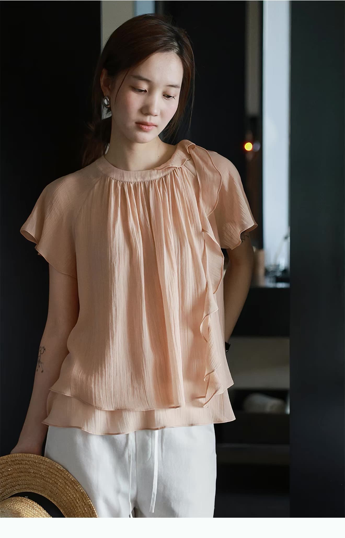 lalaglow Pinellia 달콤한 꿈 하루 종일 실크 프랑스식 프릴 이중층 리본 반팔 여성 셔츠 프로 피부 통기성 상세 이미지 13