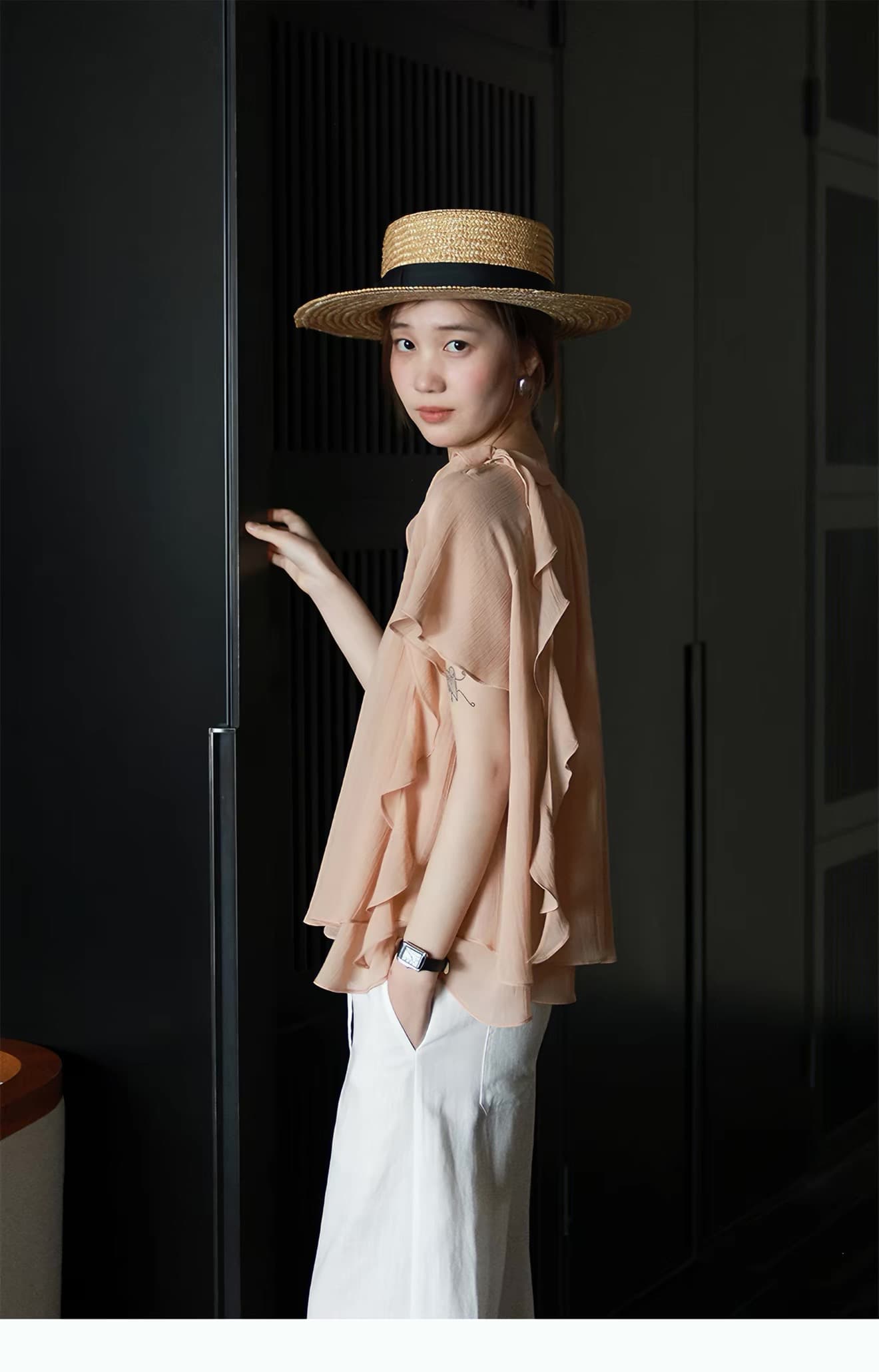 lalaglow Pinellia 달콤한 꿈 하루 종일 실크 프랑스식 프릴 이중층 리본 반팔 여성 셔츠 프로 피부 통기성 상세 이미지 20
