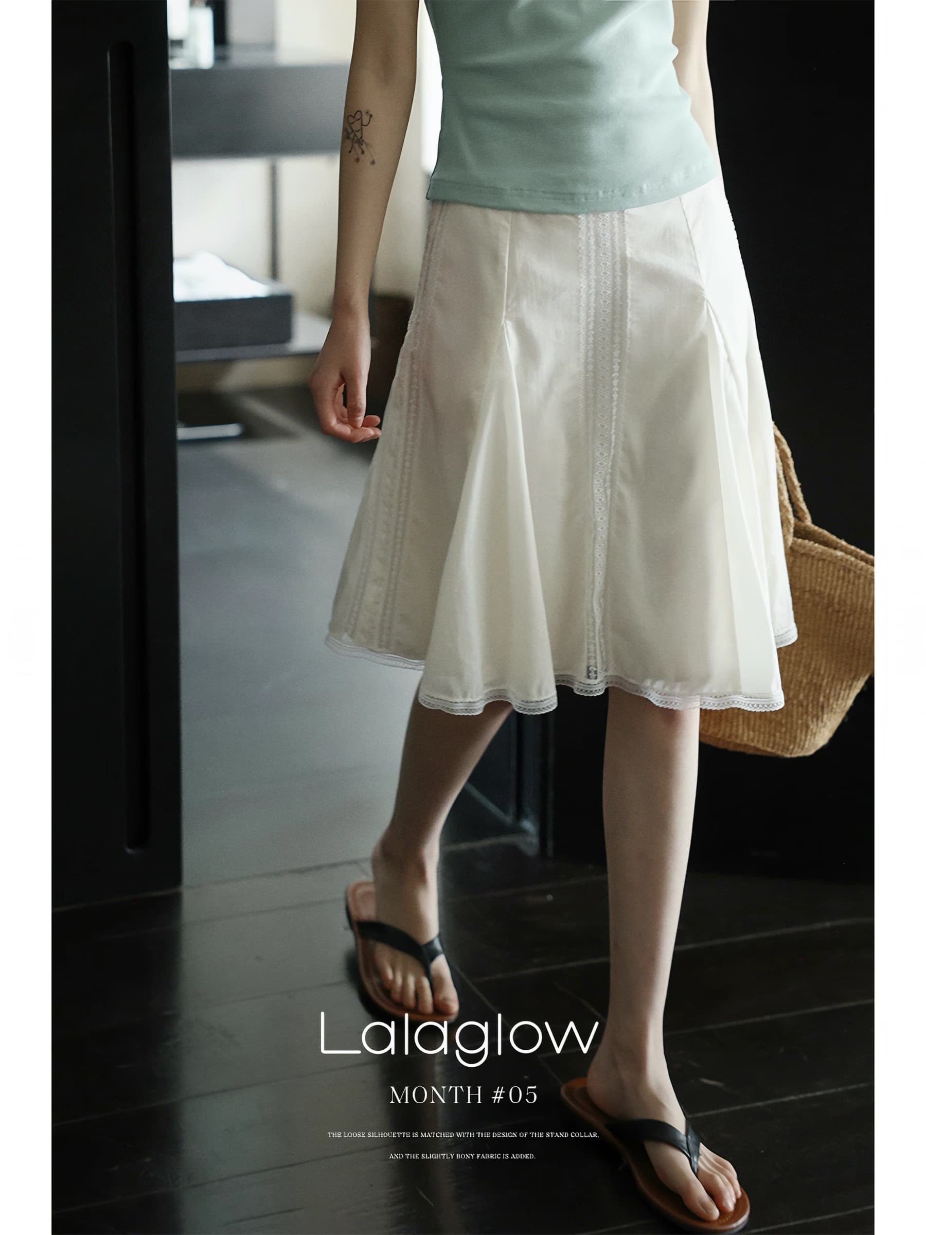 lalaglow 프랑스식 품격 출퇴근 다용도 레이스 조각 기타 자르다 조각 레이스 반신 스커트 여성 슬림해 보이는 A라인 스커트
