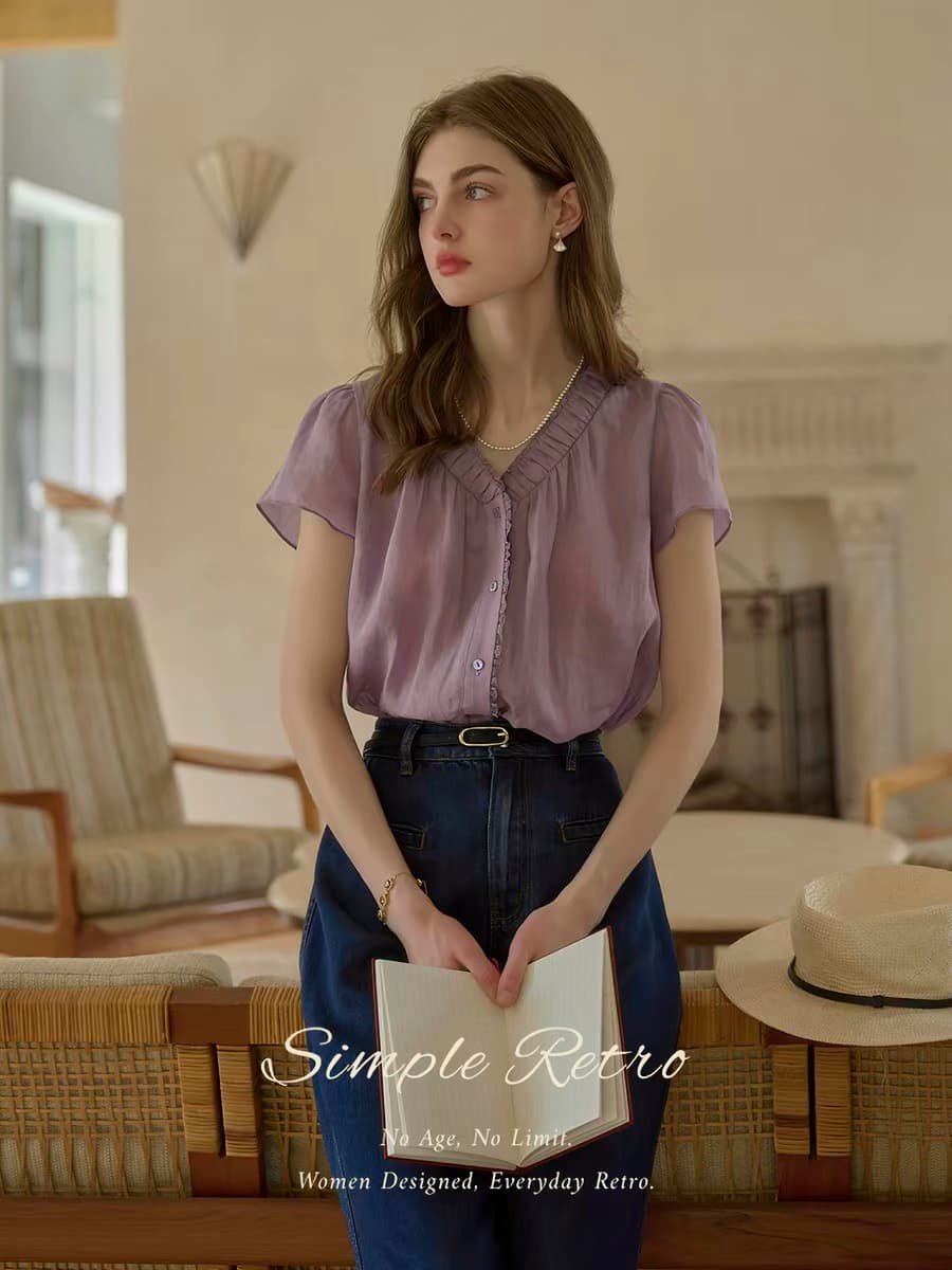 simpleretro 향기로운 芋 라미 V넥 세트 염색 보라색 느긋한 프랑스식 셔츠 레트로 반팔 자외선 차단 셔츠