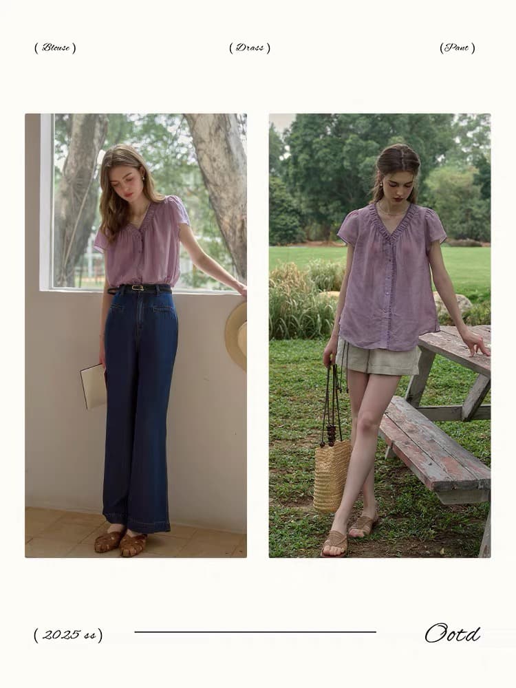 simpleretro 향기로운 芋 라미 V넥 세트 염색 보라색 느긋한 프랑스식 셔츠 레트로 반팔 자외선 차단 셔츠 이미지 2