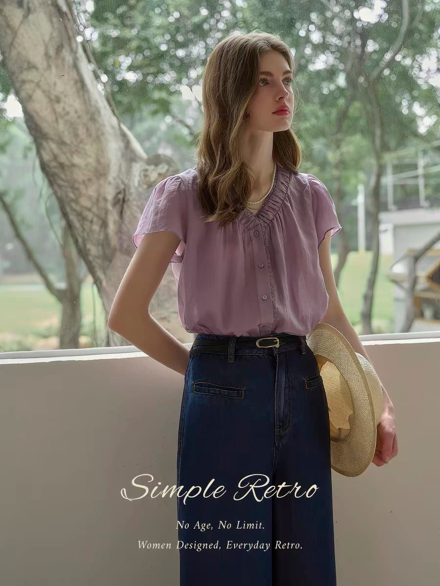 simpleretro 향기로운 芋 라미 V넥 세트 염색 보라색 느긋한 프랑스식 셔츠 레트로 반팔 자외선 차단 셔츠 이미지 3