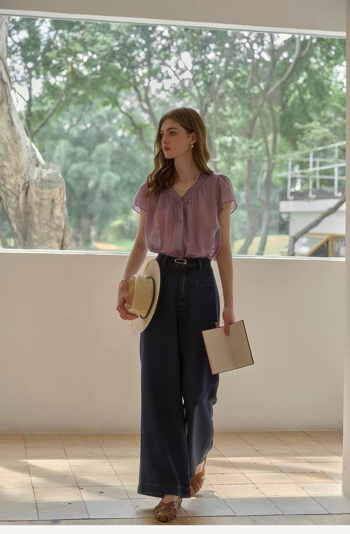 simpleretro 향기로운 芋 라미 V넥 세트 염색 보라색 느긋한 프랑스식 셔츠 레트로 반팔 자외선 차단 셔츠 상세 이미지 3