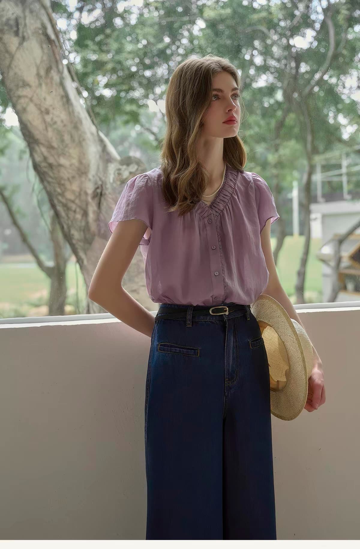 simpleretro 향기로운 芋 라미 V넥 세트 염색 보라색 느긋한 프랑스식 셔츠 레트로 반팔 자외선 차단 셔츠 상세 이미지 4