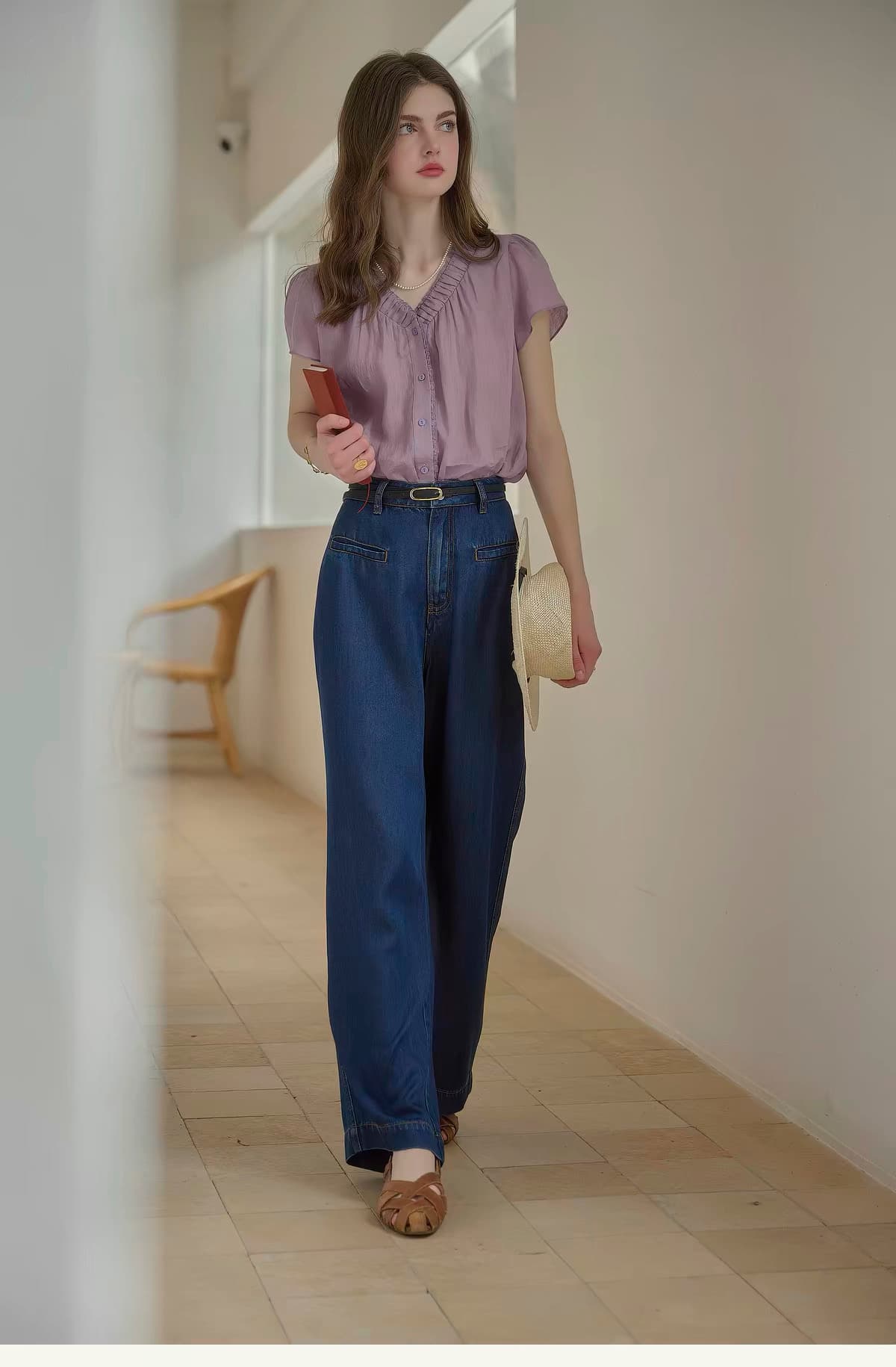 simpleretro 향기로운 芋 라미 V넥 세트 염색 보라색 느긋한 프랑스식 셔츠 레트로 반팔 자외선 차단 셔츠 상세 이미지 6