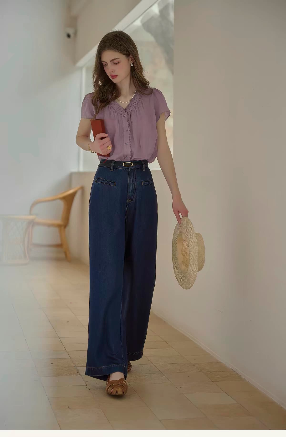 simpleretro 향기로운 芋 라미 V넥 세트 염색 보라색 느긋한 프랑스식 셔츠 레트로 반팔 자외선 차단 셔츠 상세 이미지 7