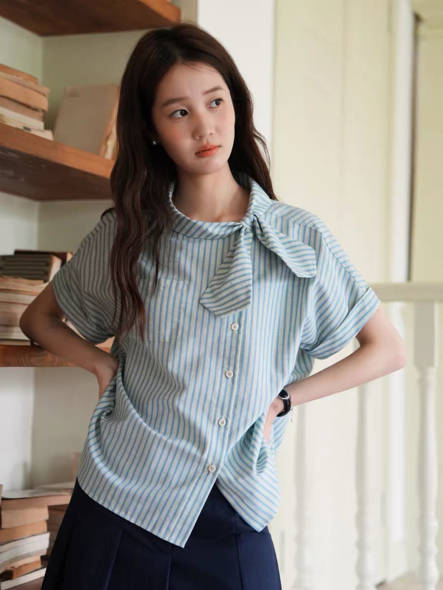 nov elist 심지어 하나 레트로 비대칭 나비 넥타이 작은 셔츠 여름 새로운 비스듬한 문 襟 디자인 스트라이프 여성 셔츠 상세 이미지 9