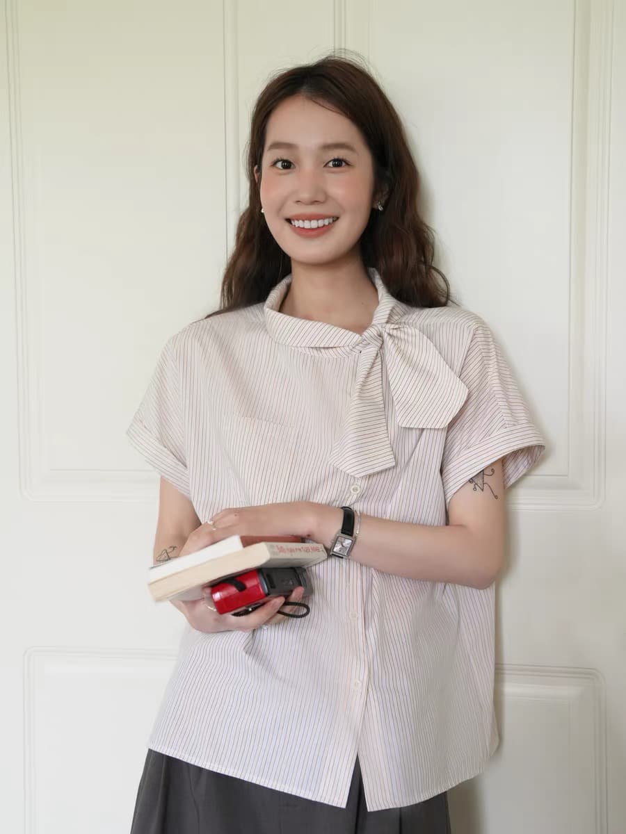 nov elist 심지어 하나 레트로 비대칭 나비 넥타이 작은 셔츠 여름 새로운 비스듬한 문 襟 디자인 스트라이프 여성 셔츠 상세 이미지 21