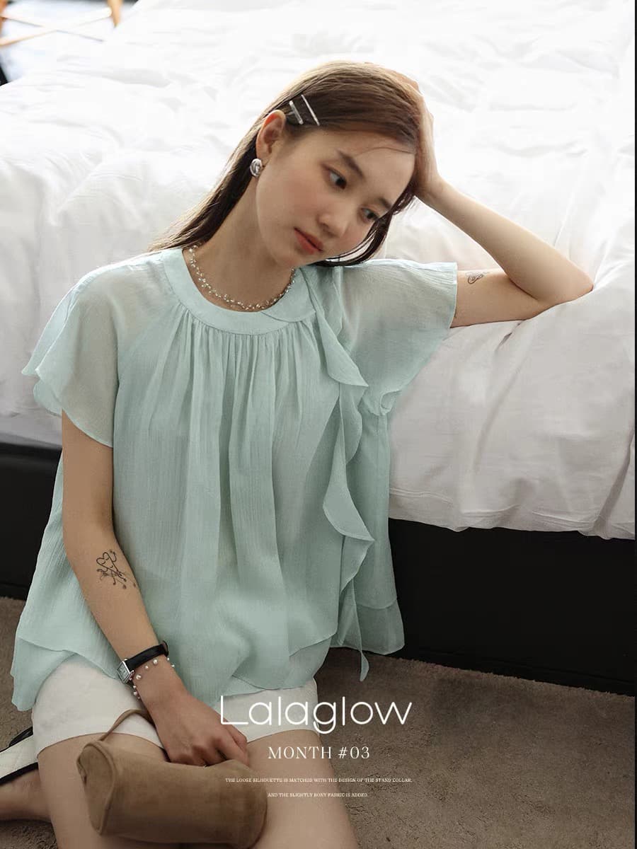 lalaglow 하루 종일 실크 프랑스식 품격 리본 루즈핏 슬림해 보이는 반팔 셔츠 프로 피부 작은 셔츠 여성 여름 새로운