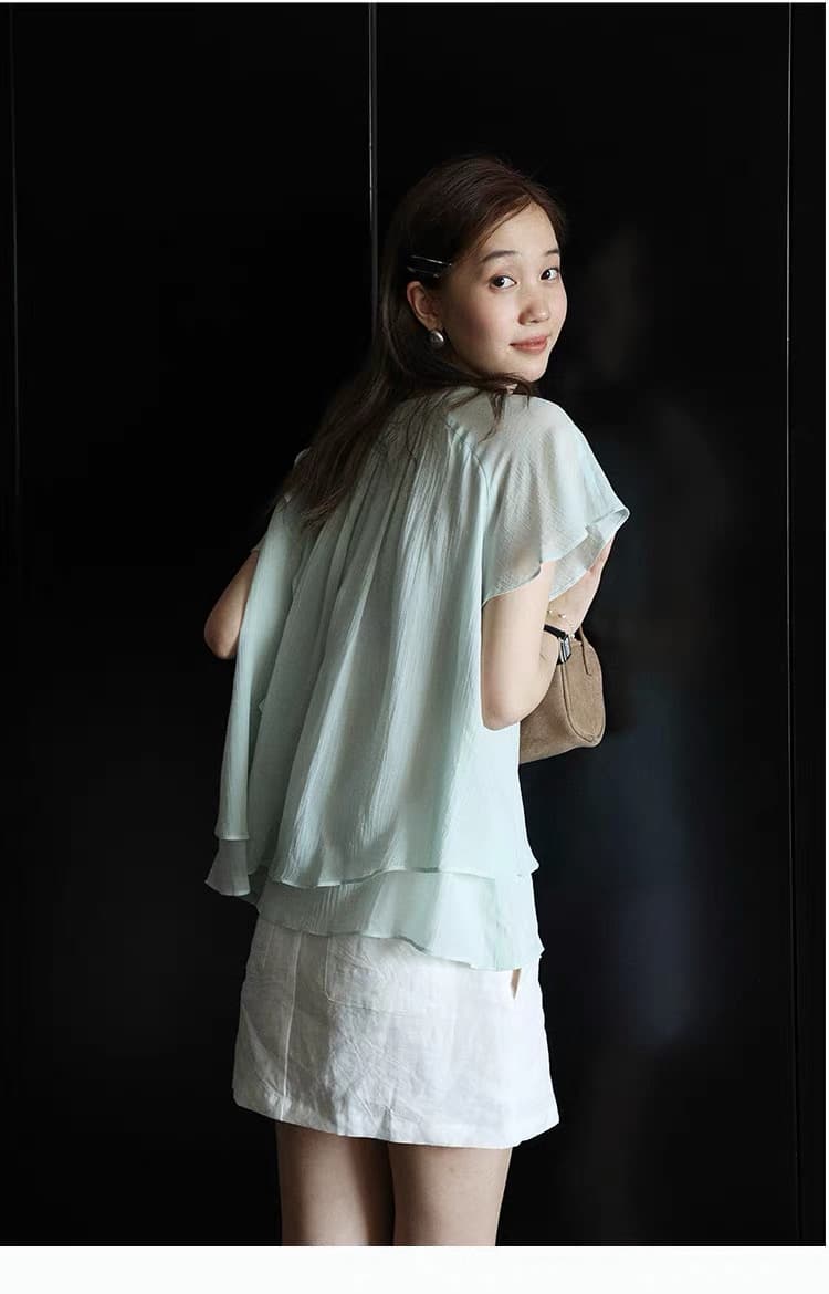 lalaglow 하루 종일 실크 프랑스식 품격 리본 루즈핏 슬림해 보이는 반팔 셔츠 프로 피부 작은 셔츠 여성 여름 새로운 상세 이미지 5