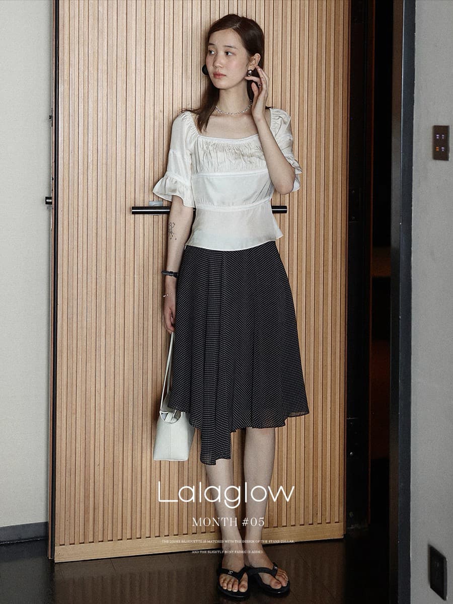 lalaglow 전체 아세트산 프랑스식 거품 소매 몸매 가꾸기 슬림해 보이는 레이스 조각 반팔 셔츠 여자 칼라 맨위 이미지 2