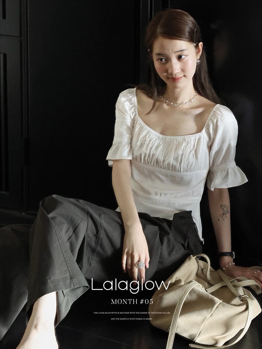 lalaglow 전체 아세트산 프랑스식 거품 소매 몸매 가꾸기 슬림해 보이는 레이스 조각 반팔 셔츠 여자 칼라 맨위 이미지 4
