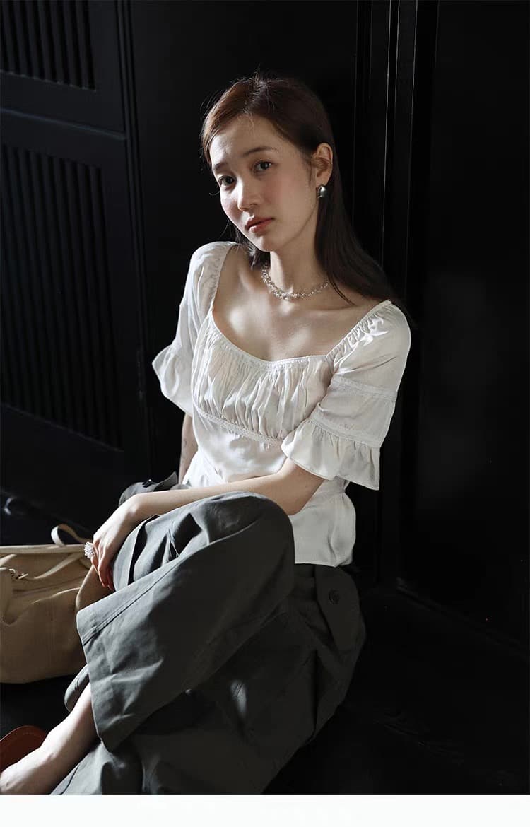 lalaglow 전체 아세트산 프랑스식 거품 소매 몸매 가꾸기 슬림해 보이는 레이스 조각 반팔 셔츠 여자 칼라 맨위 상세 이미지 12