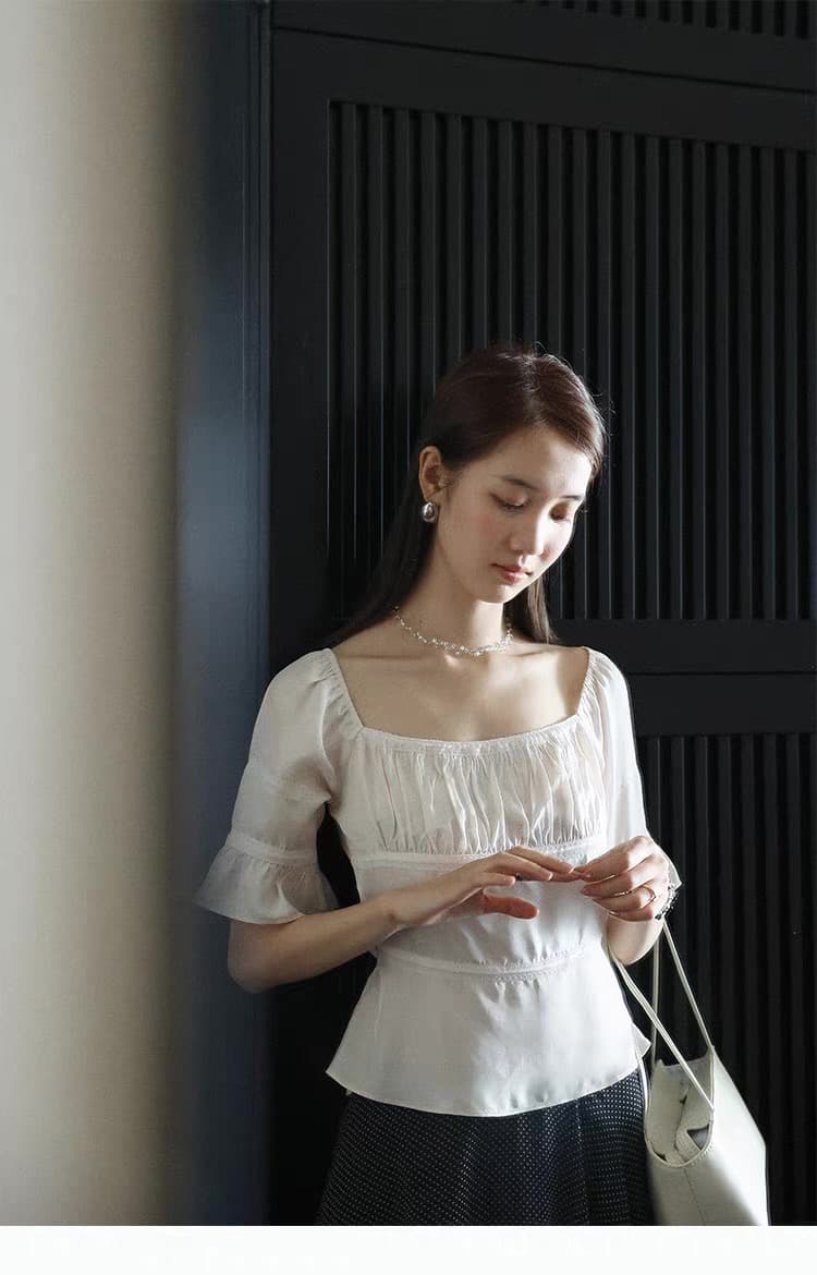 lalaglow 전체 아세트산 프랑스식 거품 소매 몸매 가꾸기 슬림해 보이는 레이스 조각 반팔 셔츠 여자 칼라 맨위 상세 이미지 20