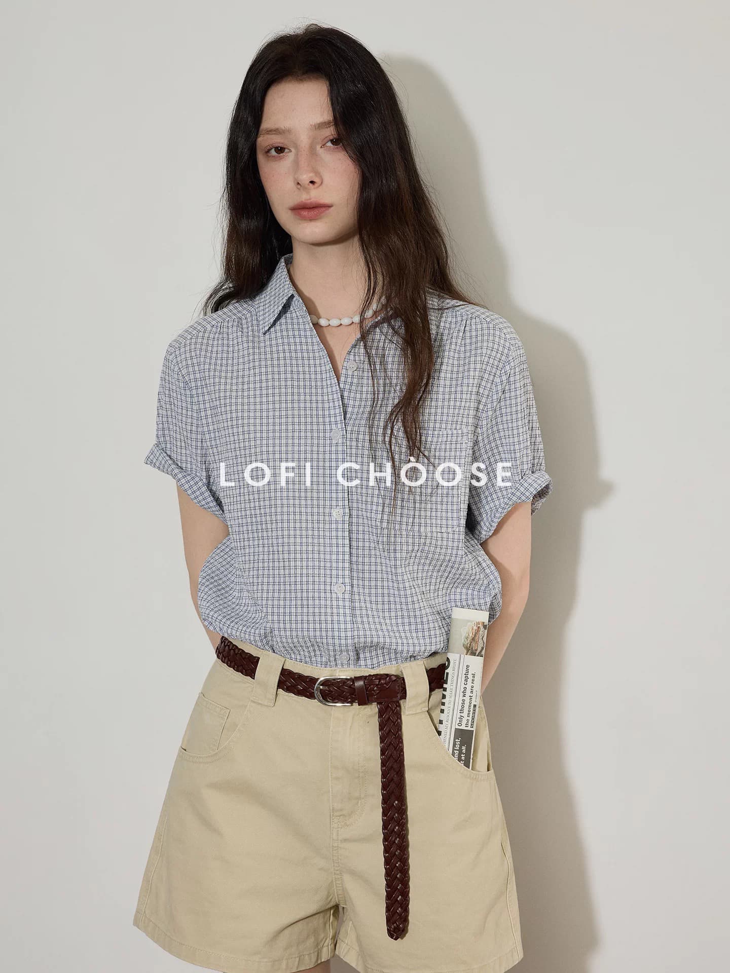 lofi choose 배색 체크무늬 디자인 센스 반팔 여성 셔츠 여름 새로운 미니멀리즘 루즈핏 다용도 맨위 이미지 2