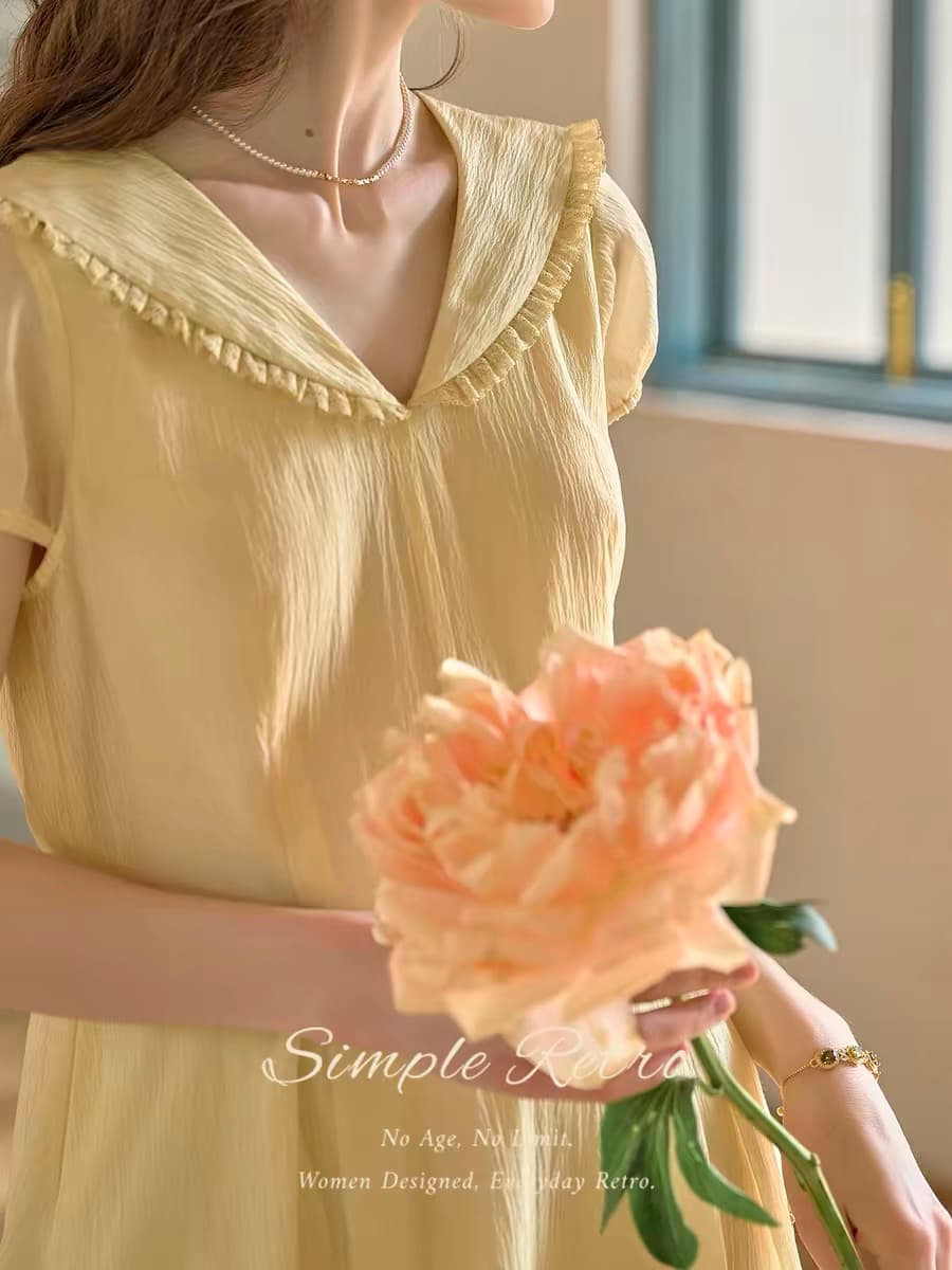 simpleretro 황색 드레스 프랑스식 아름다운 질감 폴로 칼라 거품 소매 단순한 관대 한 여성 드레스 이미지 2