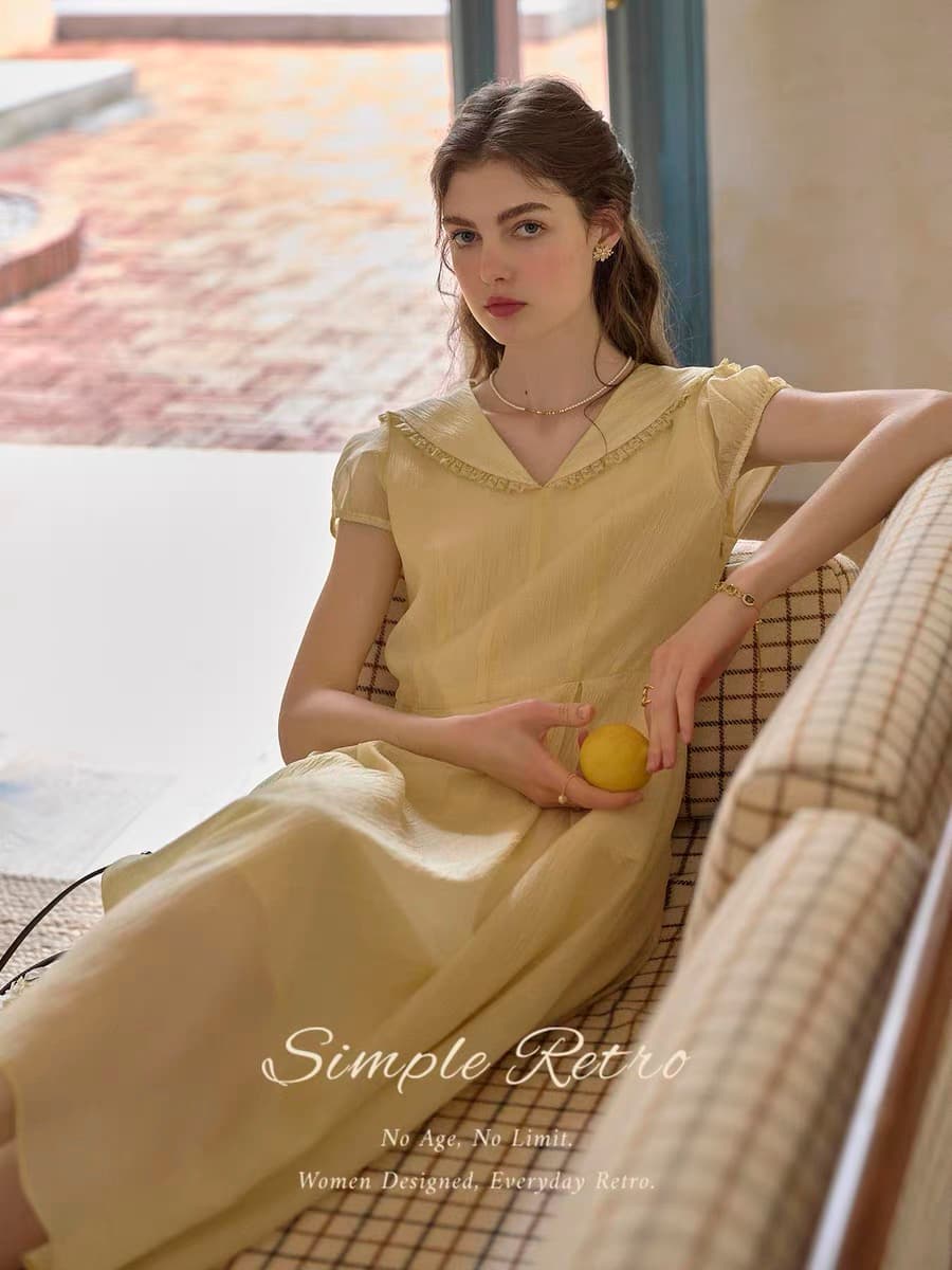 simpleretro 황색 드레스 프랑스식 아름다운 질감 폴로 칼라 거품 소매 단순한 관대 한 여성 드레스 이미지 3