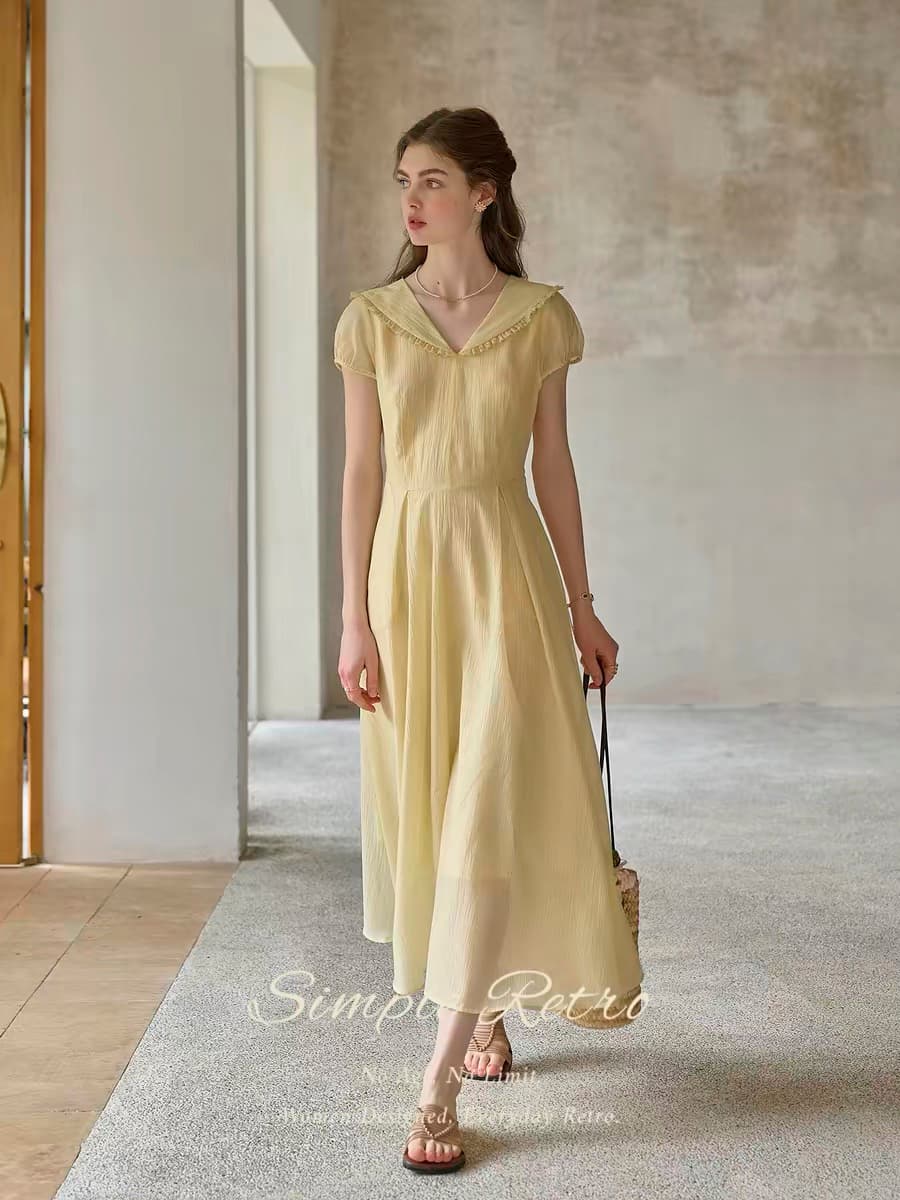 simpleretro 황색 드레스 프랑스식 아름다운 질감 폴로 칼라 거품 소매 단순한 관대 한 여성 드레스 이미지 4