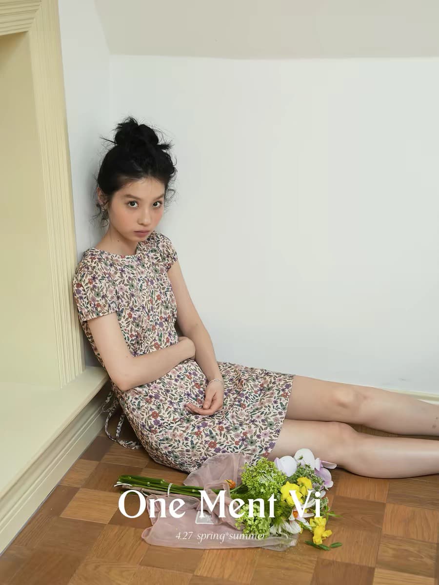 one ment vi 6 대 1 순면 안개 분말 박하 꽃 꽃무늬 라운드 넥 거품 소매 허리 수축 드레스 이미지 2
