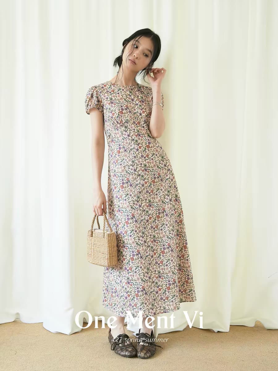 one ment vi 6 대 1 순면 안개 분말 박하 꽃 꽃무늬 라운드 넥 거품 소매 허리 수축 드레스 이미지 3