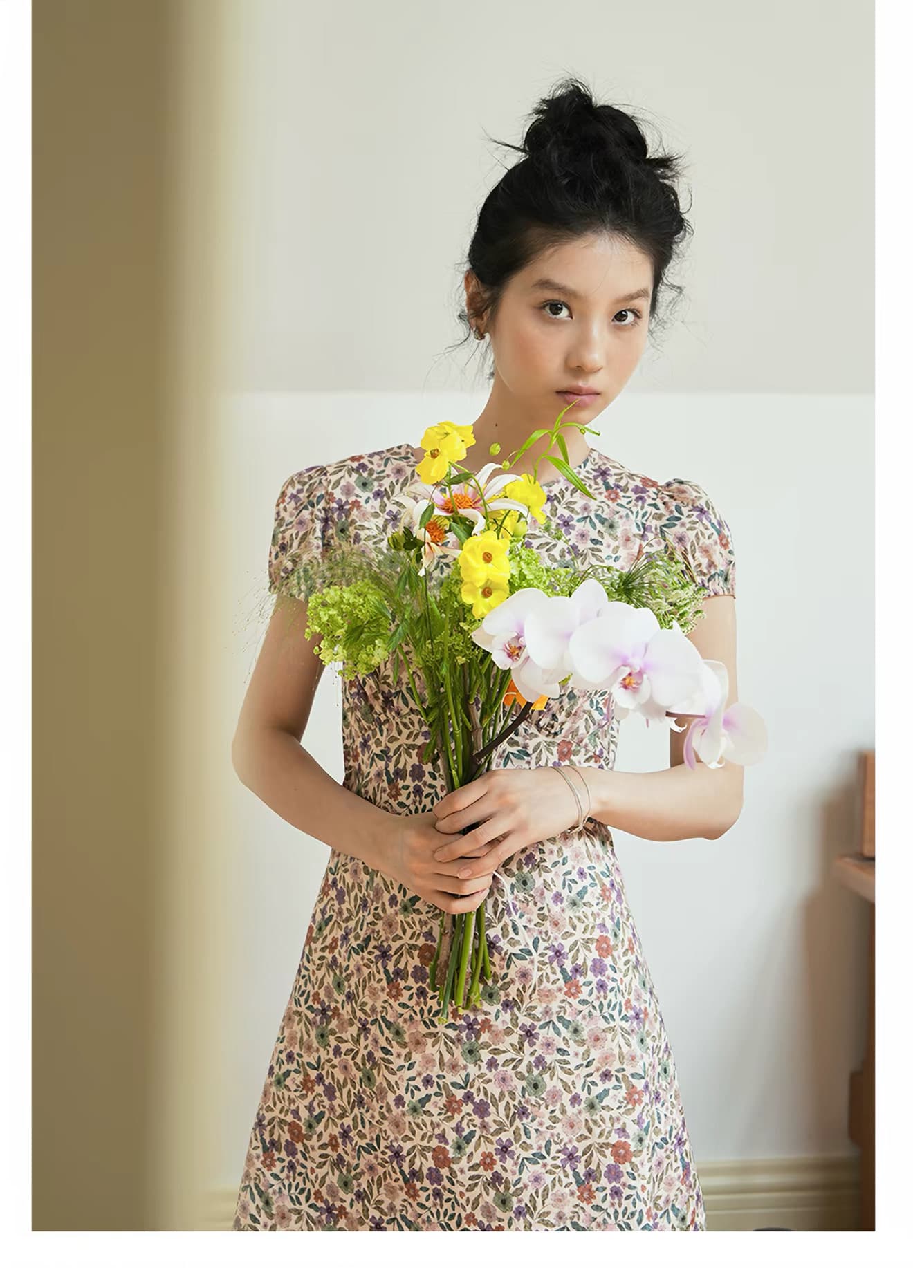 one ment vi 6 대 1 순면 안개 분말 박하 꽃 꽃무늬 라운드 넥 거품 소매 허리 수축 드레스 상세 이미지 6