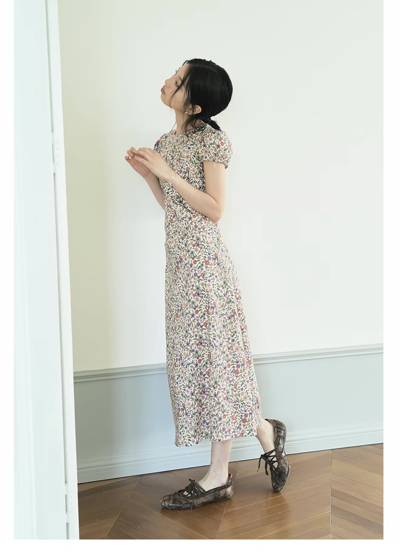 one ment vi 6 대 1 순면 안개 분말 박하 꽃 꽃무늬 라운드 넥 거품 소매 허리 수축 드레스 상세 이미지 24
