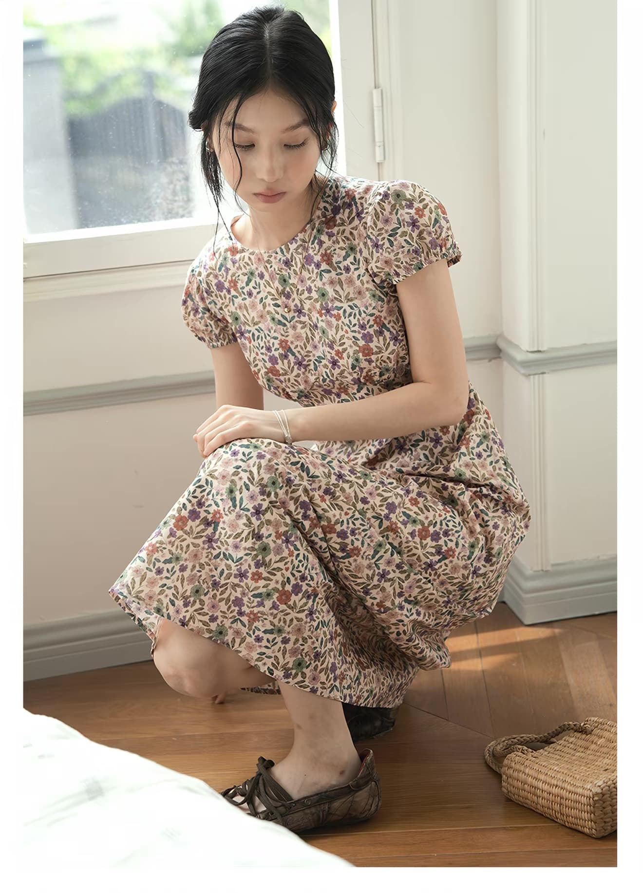one ment vi 6 대 1 순면 안개 분말 박하 꽃 꽃무늬 라운드 넥 거품 소매 허리 수축 드레스 상세 이미지 32