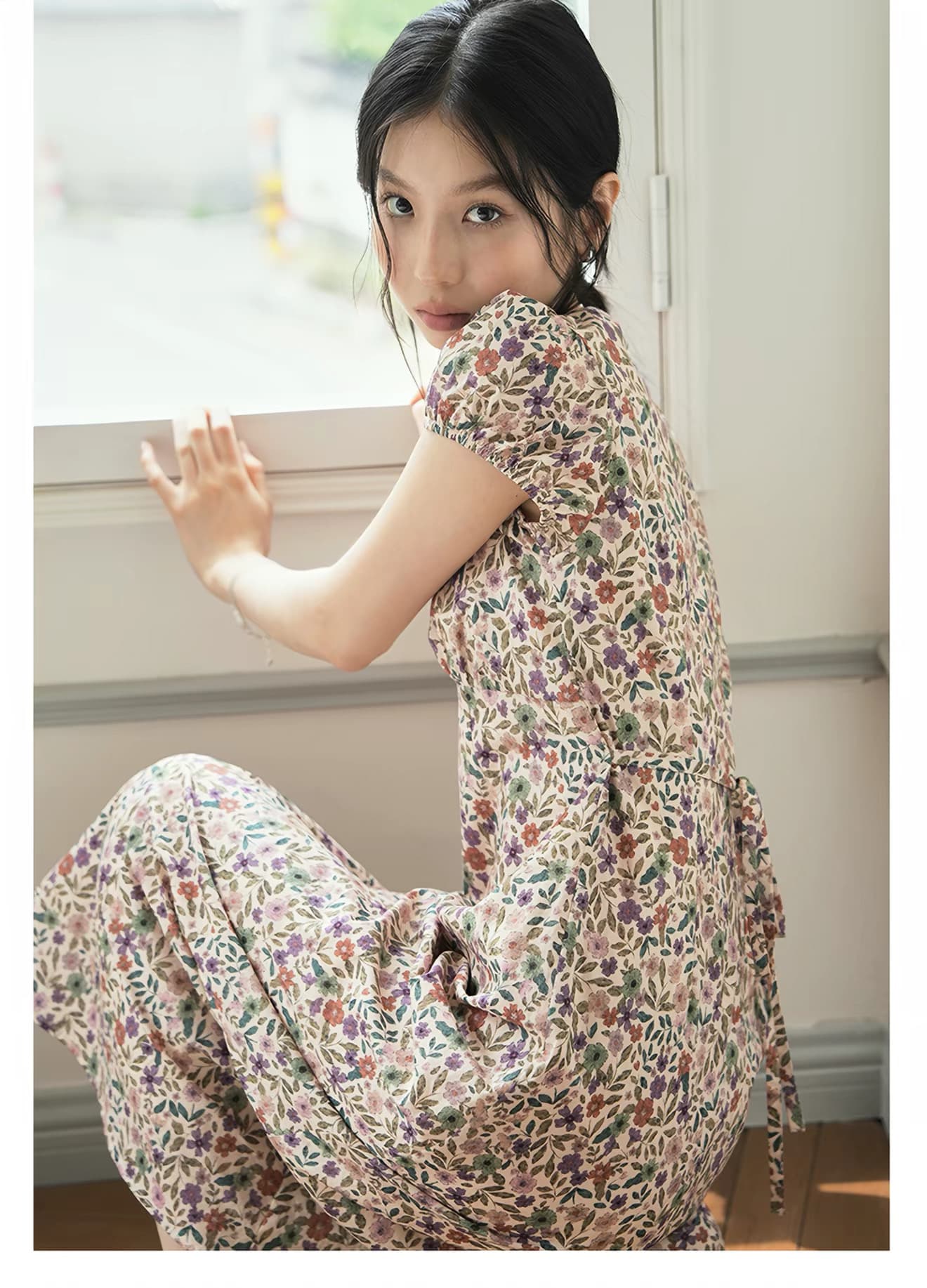one ment vi 6 대 1 순면 안개 분말 박하 꽃 꽃무늬 라운드 넥 거품 소매 허리 수축 드레스 상세 이미지 36