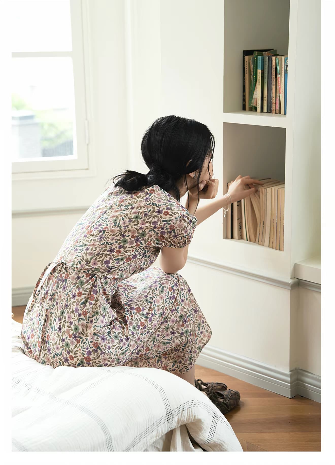 one ment vi 6 대 1 순면 안개 분말 박하 꽃 꽃무늬 라운드 넥 거품 소매 허리 수축 드레스 상세 이미지 38