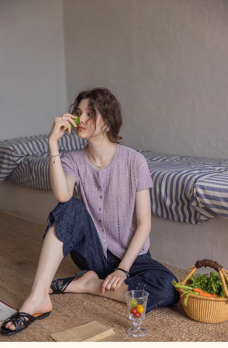 산책 합창 빛 주간 실크 마 혼방 구덩이 기사 홀로우 아웃 센스 반팔 니트 스웨터 상세 이미지 18