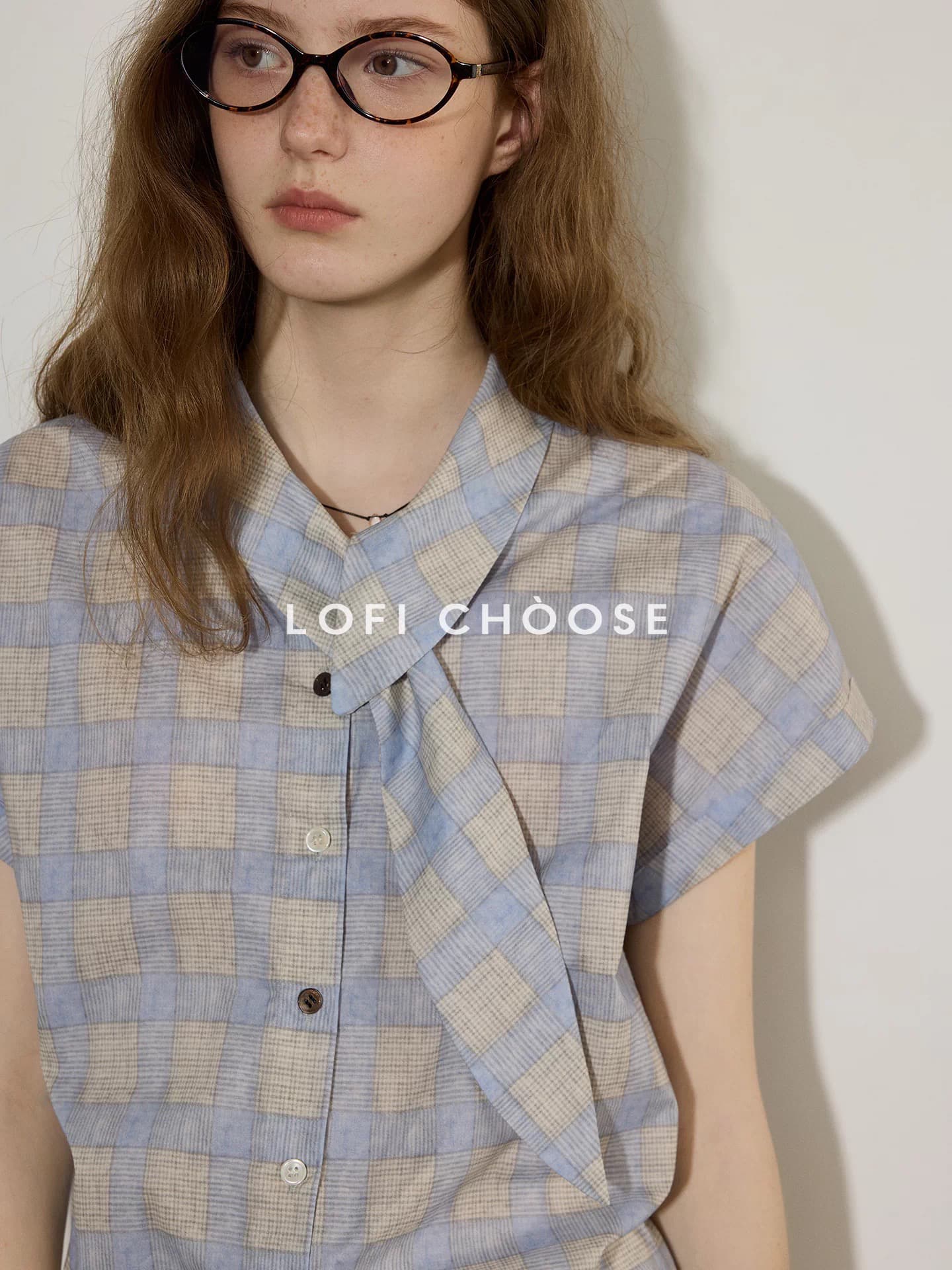 lofi choose 리본 칼라 배색 체크무늬 디자인 센스 반팔 여성 셔츠 여름 새로운 고급 센스 맨위 이미지 2