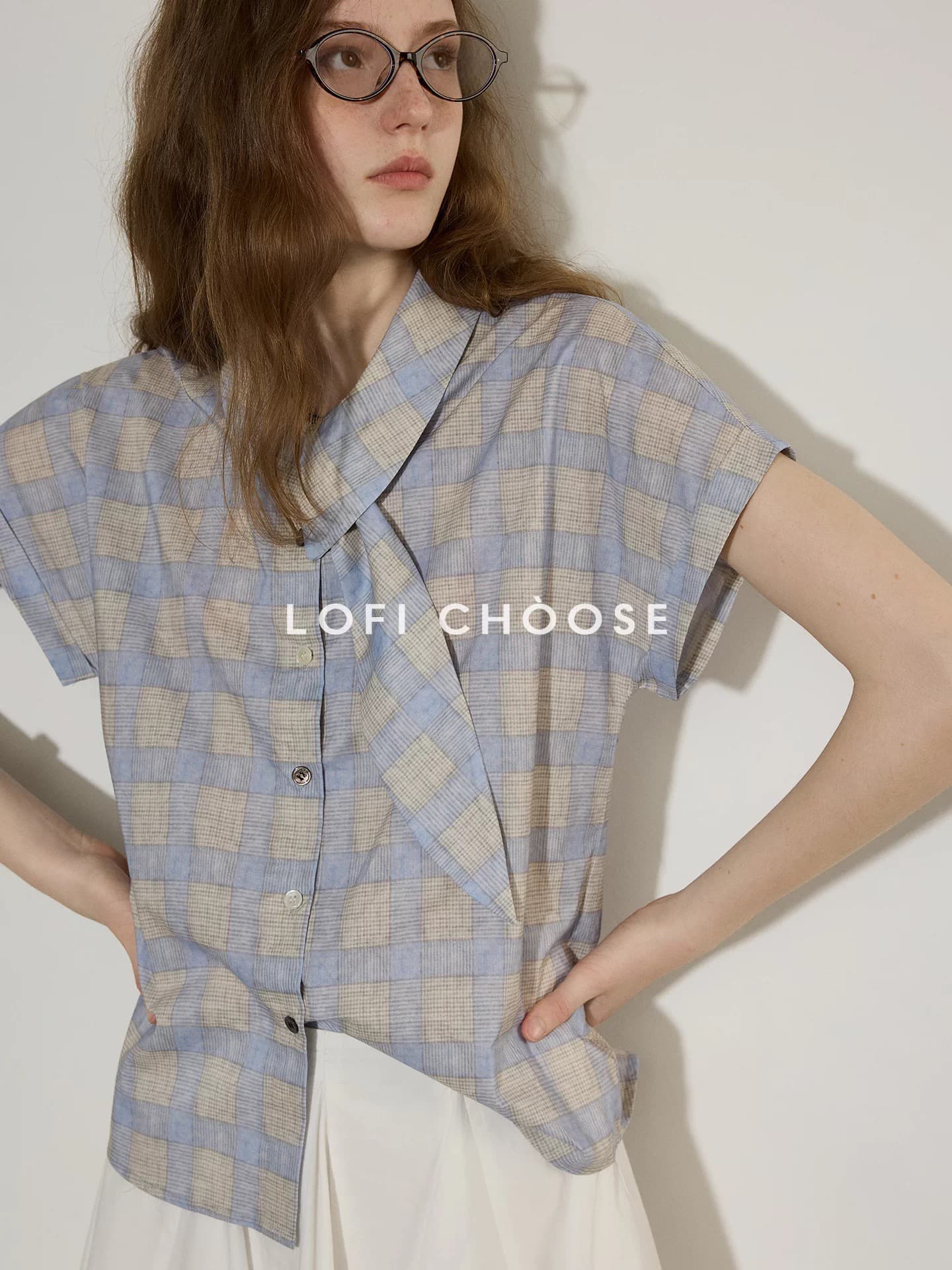 lofi choose 리본 칼라 배색 체크무늬 디자인 센스 반팔 여성 셔츠 여름 새로운 고급 센스 맨위 이미지 4