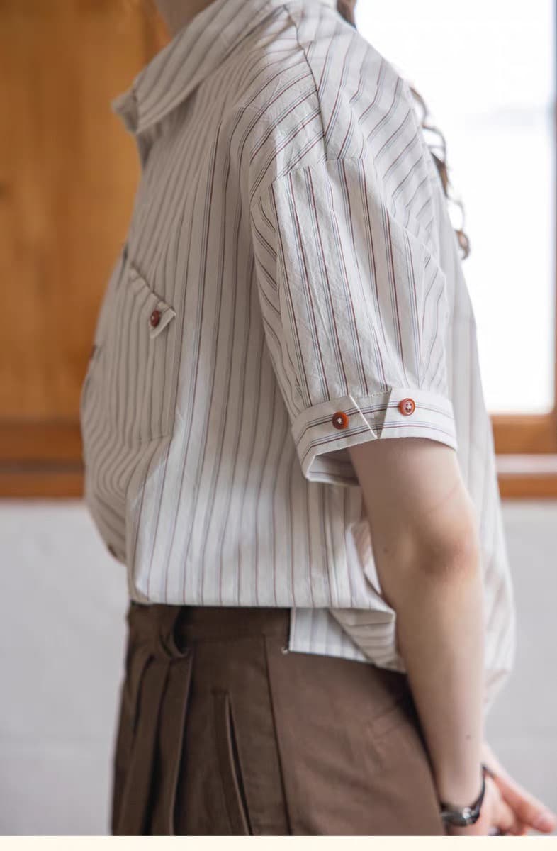 남쪽 법 Breeze 고급 센스 컬러 짜임 스트라이프 폴로 칼라 반팔 배색 매듭 설정 출퇴근 셔츠 맨위 상세 이미지 3