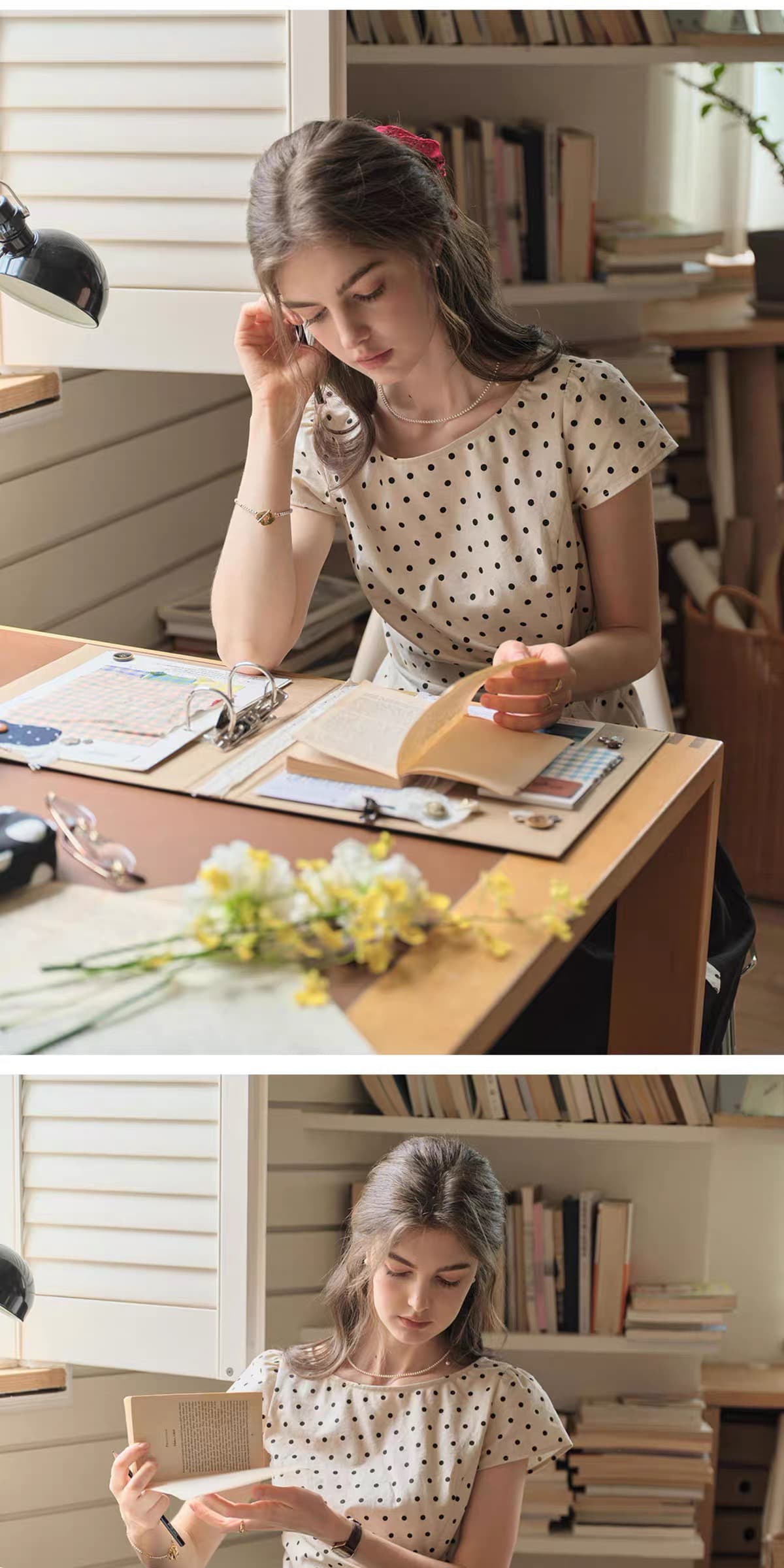 프랑스식 아마 도트 무늬 여성 셔츠 작은 가방 소매 레이스업 허리 수축 슬림해 보이는 작은 셔츠 상세 이미지 11
