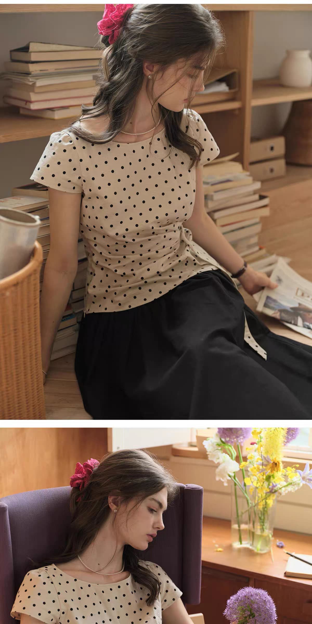 프랑스식 아마 도트 무늬 여성 셔츠 작은 가방 소매 레이스업 허리 수축 슬림해 보이는 작은 셔츠 상세 이미지 15