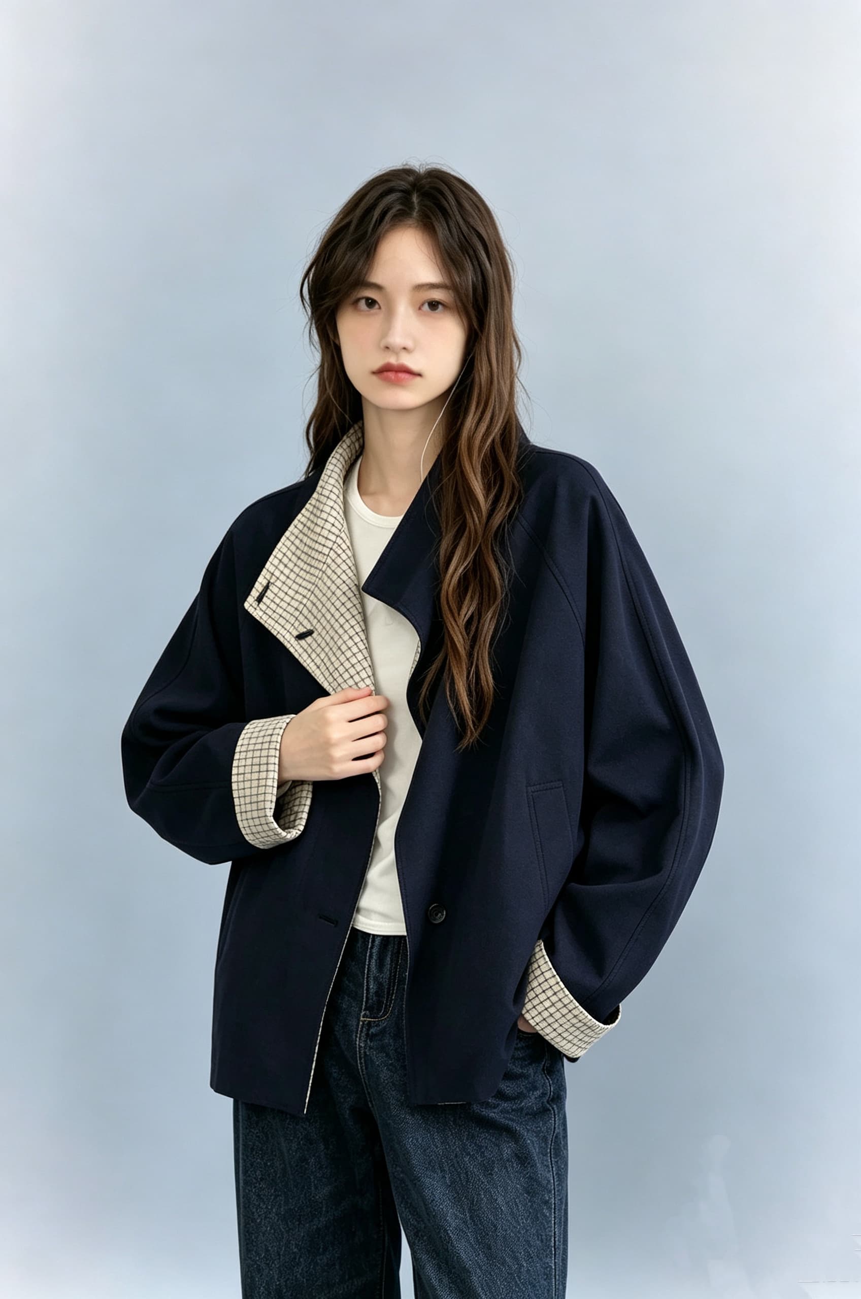 양면 웨어러블 배색 레트로 체크무늬 와 성별 가을 어깨 뒤집다 스탠드 칼라 짧은 바람막이 여성 코트 이미지 4