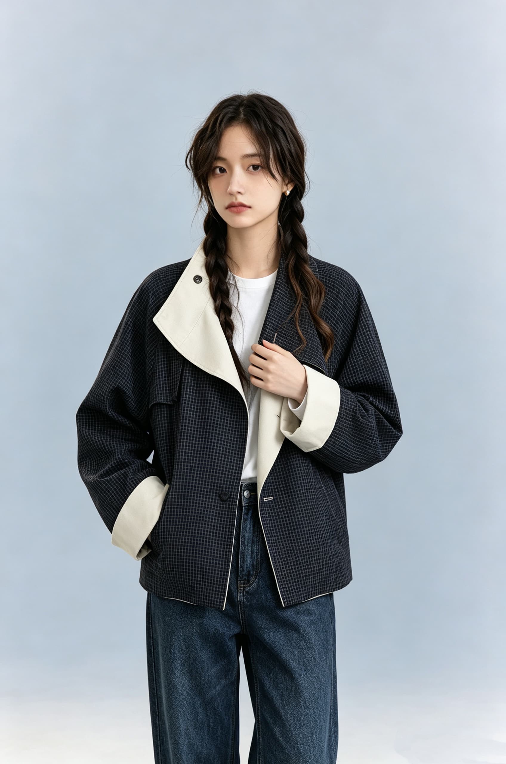 양면 웨어러블 배색 레트로 체크무늬 와 성별 가을 어깨 뒤집다 스탠드 칼라 짧은 바람막이 여성 코트 상세 이미지 2