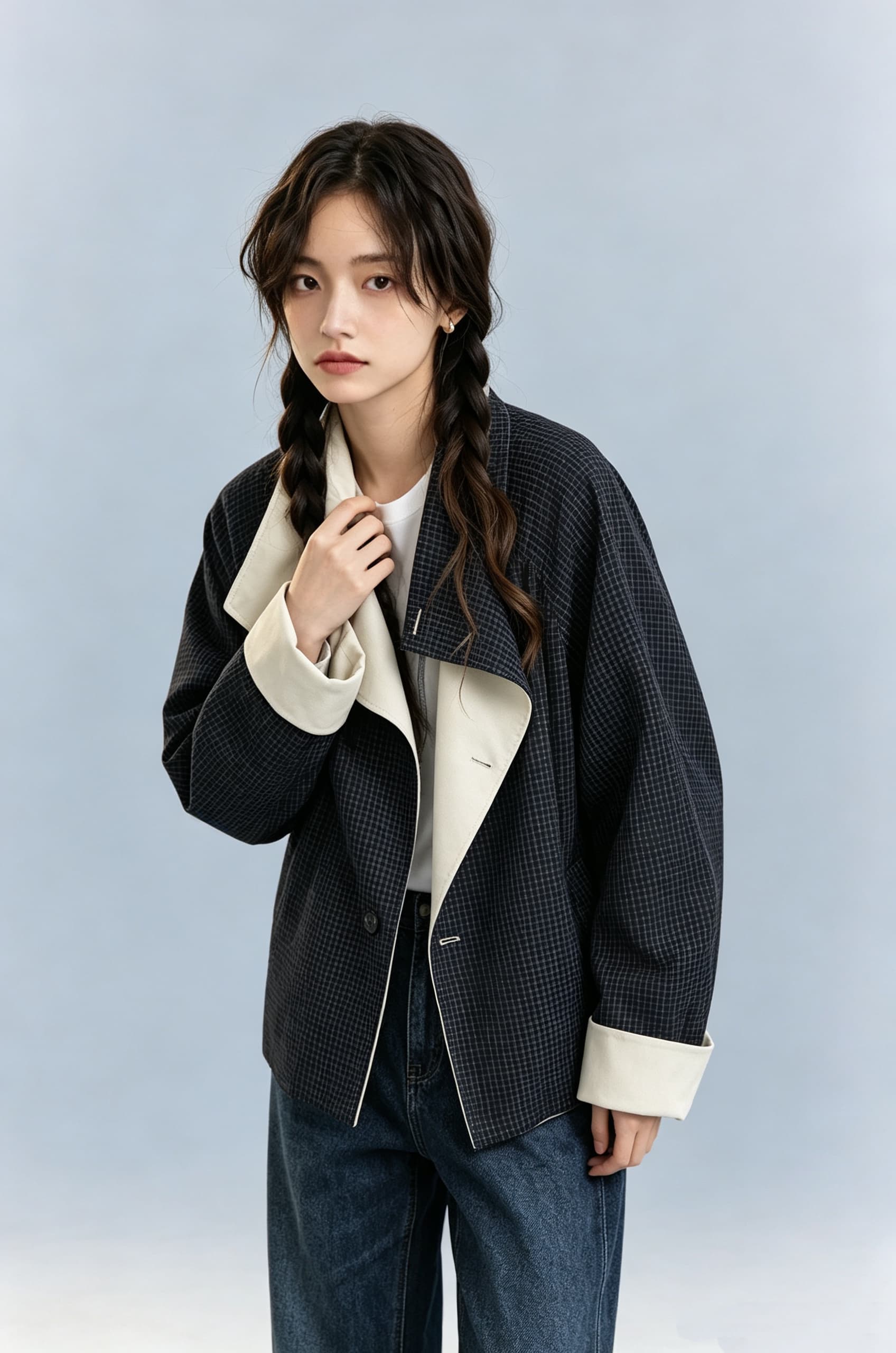 양면 웨어러블 배색 레트로 체크무늬 와 성별 가을 어깨 뒤집다 스탠드 칼라 짧은 바람막이 여성 코트 상세 이미지 4
