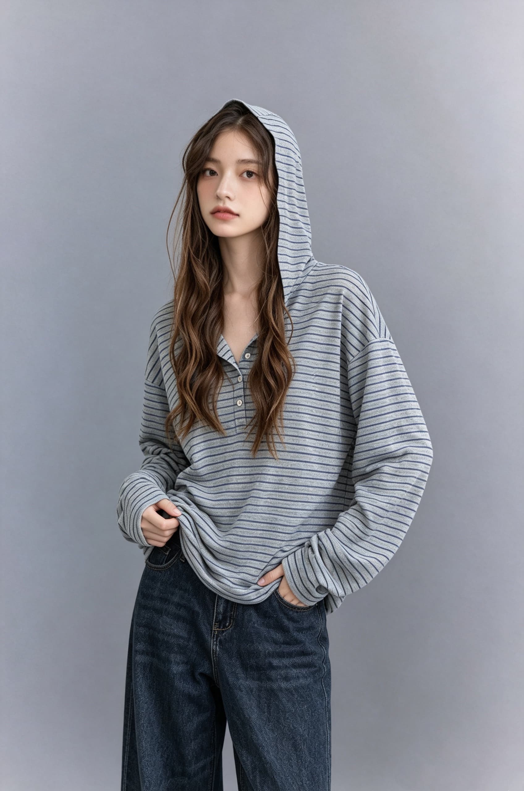 느긋한 계절 가벼움 마이크로 신축성 면 하프 문 을 열 襟 배색 스트라이프 후드 티셔츠 여성 상세 이미지 2